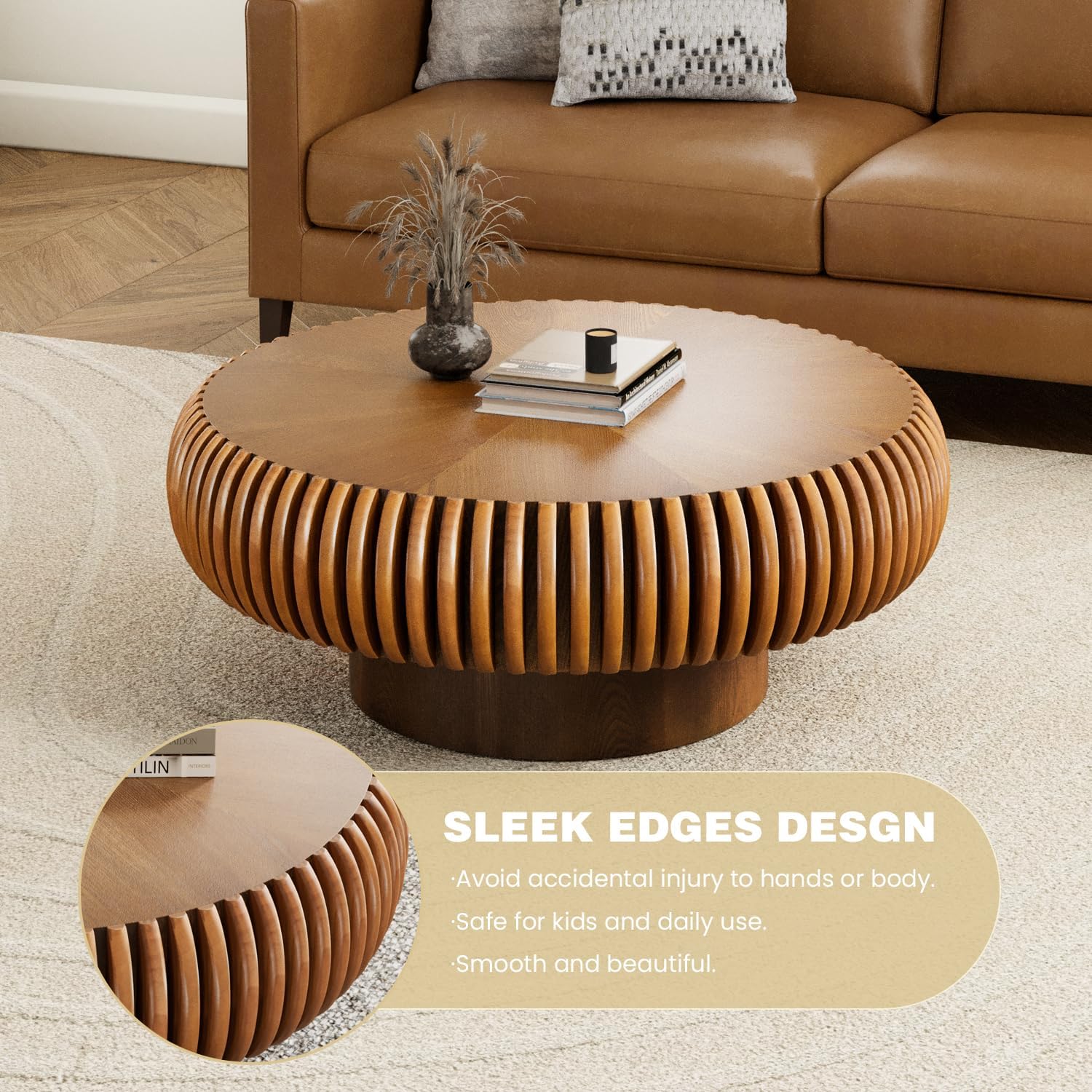 Round Fluted Coffee Table 31.5" Modern Wood Drum Coffee Table for Living Room Handcrafted Relief Center Table with Sturdy Pedestal Easy Assembly (Brown)