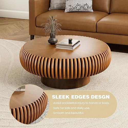 Miniatura 6 de Mesa de centro redonda acanalada de 31.5 pulgadas, moderna mesa de centro de madera para sala de estar, mesa central de alivio hecha a mano con