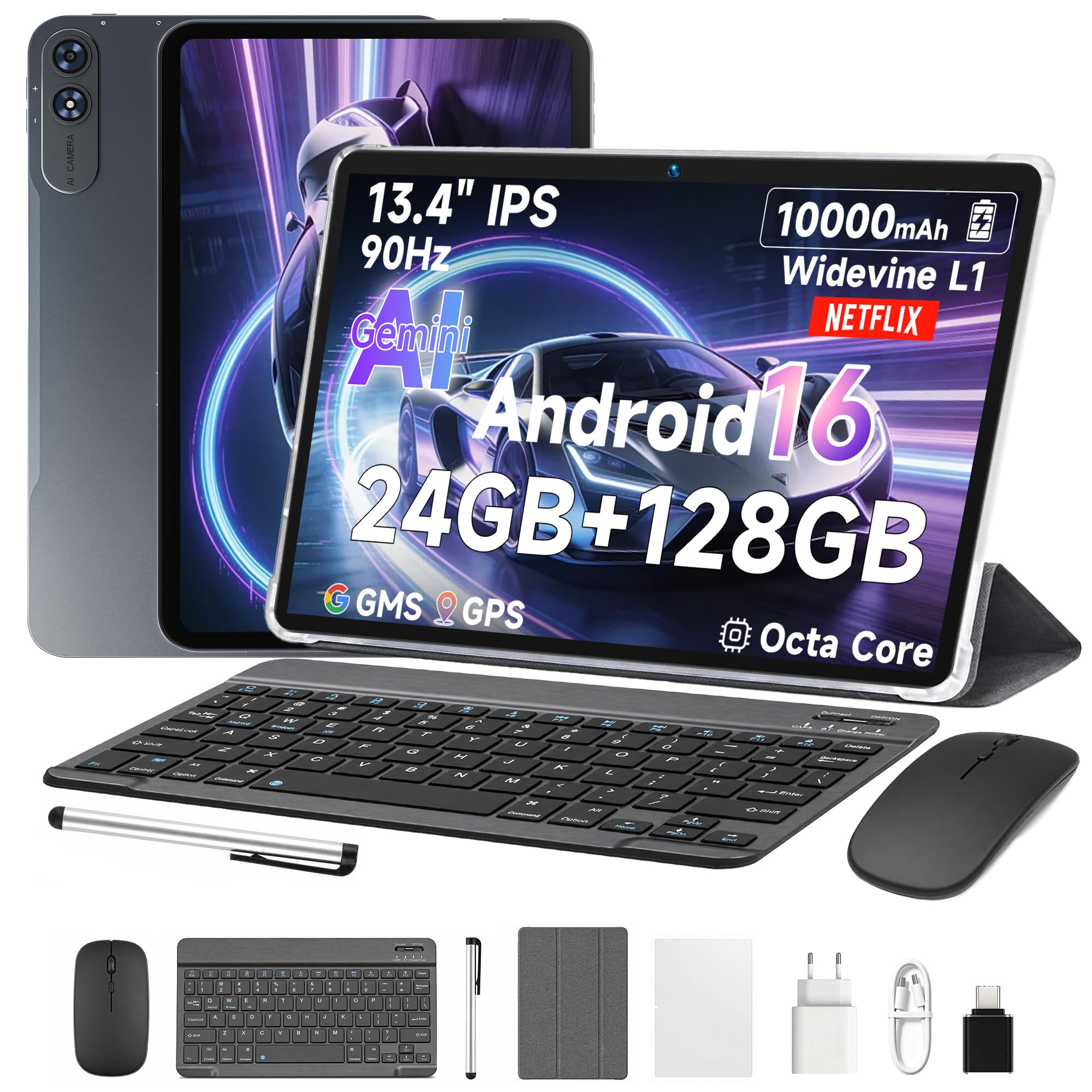BMAX Tablet 13,4" Android 16 con Tastiera e Mouse, 24GB RAM 128GB ROM | Octa-Core 2.2GHz, Gemini AI, Widevine L1 90Hz Display, Batteria 10000mAh, Con Custodia e Penna, Corpo in Metallo, GPS, GMS