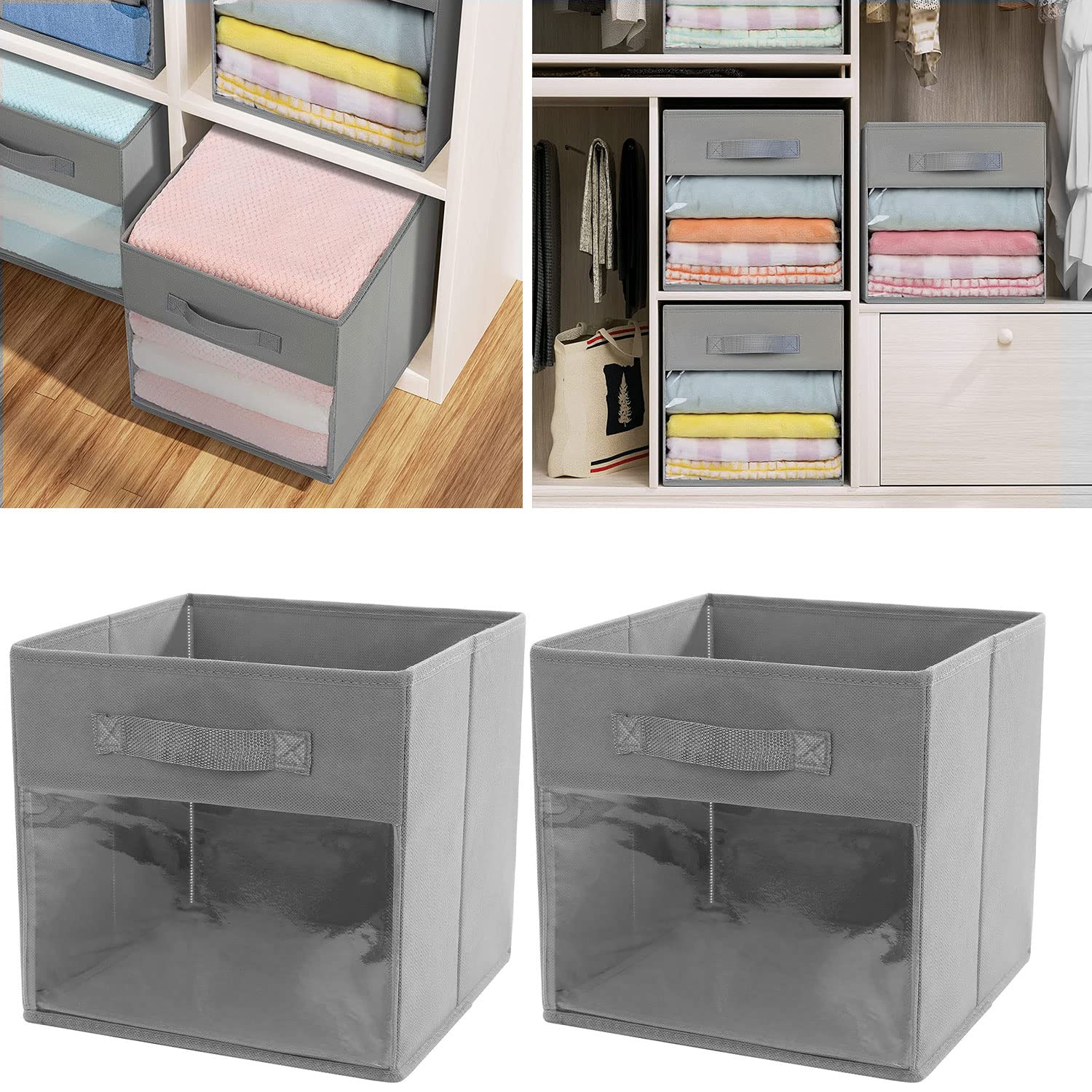 Bobash Grey Foldable Storage Cubes Set Of 2 Non-Woven Fabric Clothes Organizer With Handles Collapsible Storage Bins Clear Front Window Open-Top Storage Boxes For Shelf Closet(28 * 28 * 28Cm,)