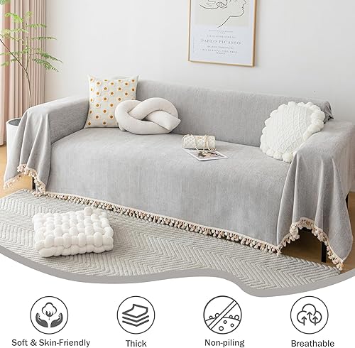 Miniatura 3 de Funda bohemia para sofá de 3 cojines, funda de sofá de felpilla con borlas, lavable, funda de sofá en espiga para sofá modular, protector de muebles