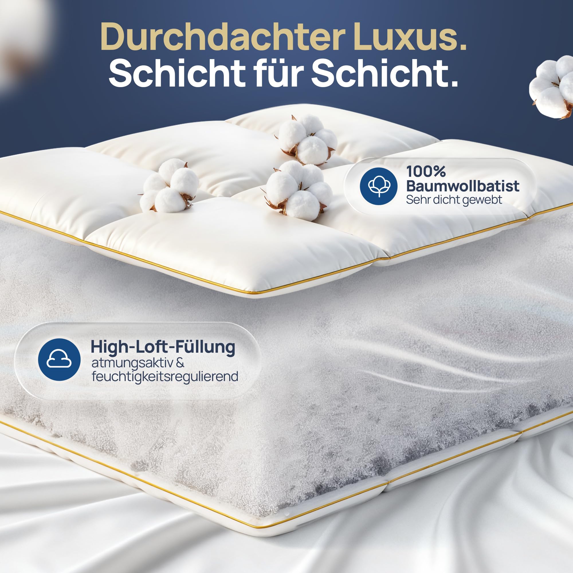 LILENO HOME Golden Elegance Steppbettdecke 135x200 – Wolkenweiche Allergiker Bettdecke 135x200 | 100% Baumwollbatist ohne Kältebrücken | Ganzjahresdecke | Oeko-Tex Klasse 1 | Hotel Qualität
