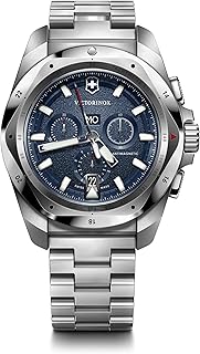 Victorinox Menâ€™s Watch I.N.O.X. Chrono Ã˜ 43 mm, Swiss Made, Analogue Quartz, Water-Resistant up to 200 m, Stainless Steel Strap, Silver/Blue