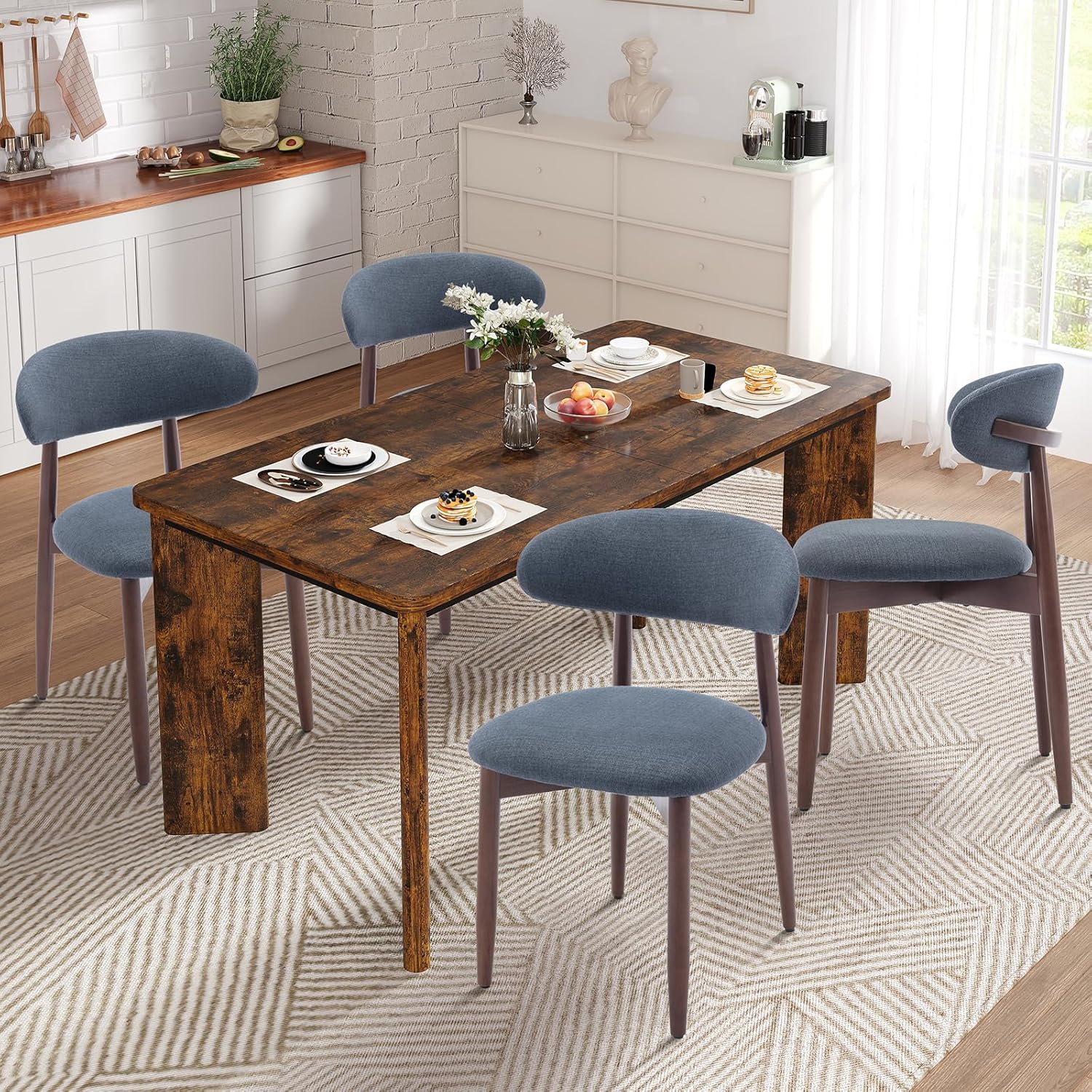 (Incomplete) 5-Piece Rectangular Dining Table Set for 4, 63\" Industrial Kitchen Table with 4 Wooden Upholstered Dinner Chairs for Dining Room, Kitchen, Living Room, Brown+Blue Brown+blue Dining Table with 4 Chairs