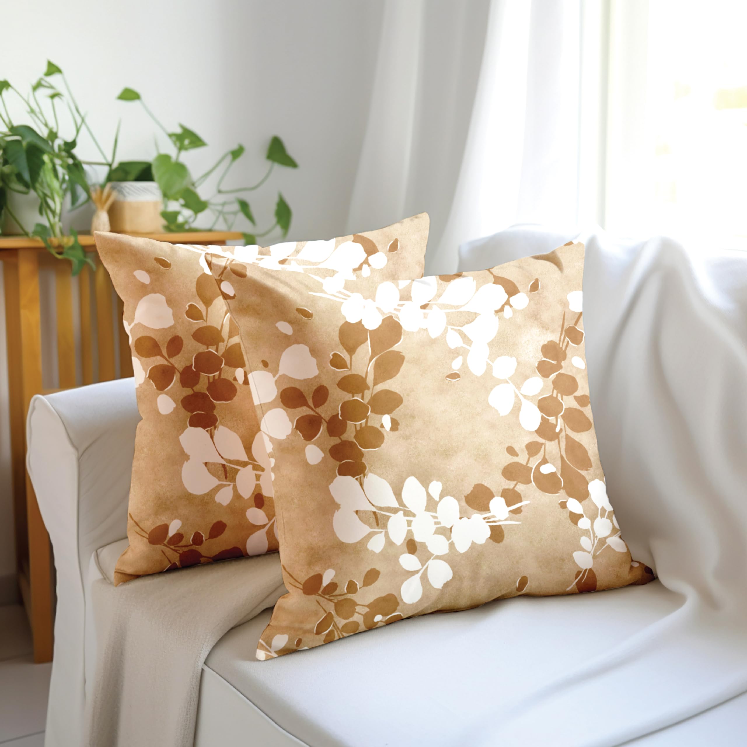 Encasa XO Decorative Throw Pillow Covers 16x16 in - Polyester Floral Digital Print L2 Brown, 40 x 40 cm (Pack of 2)