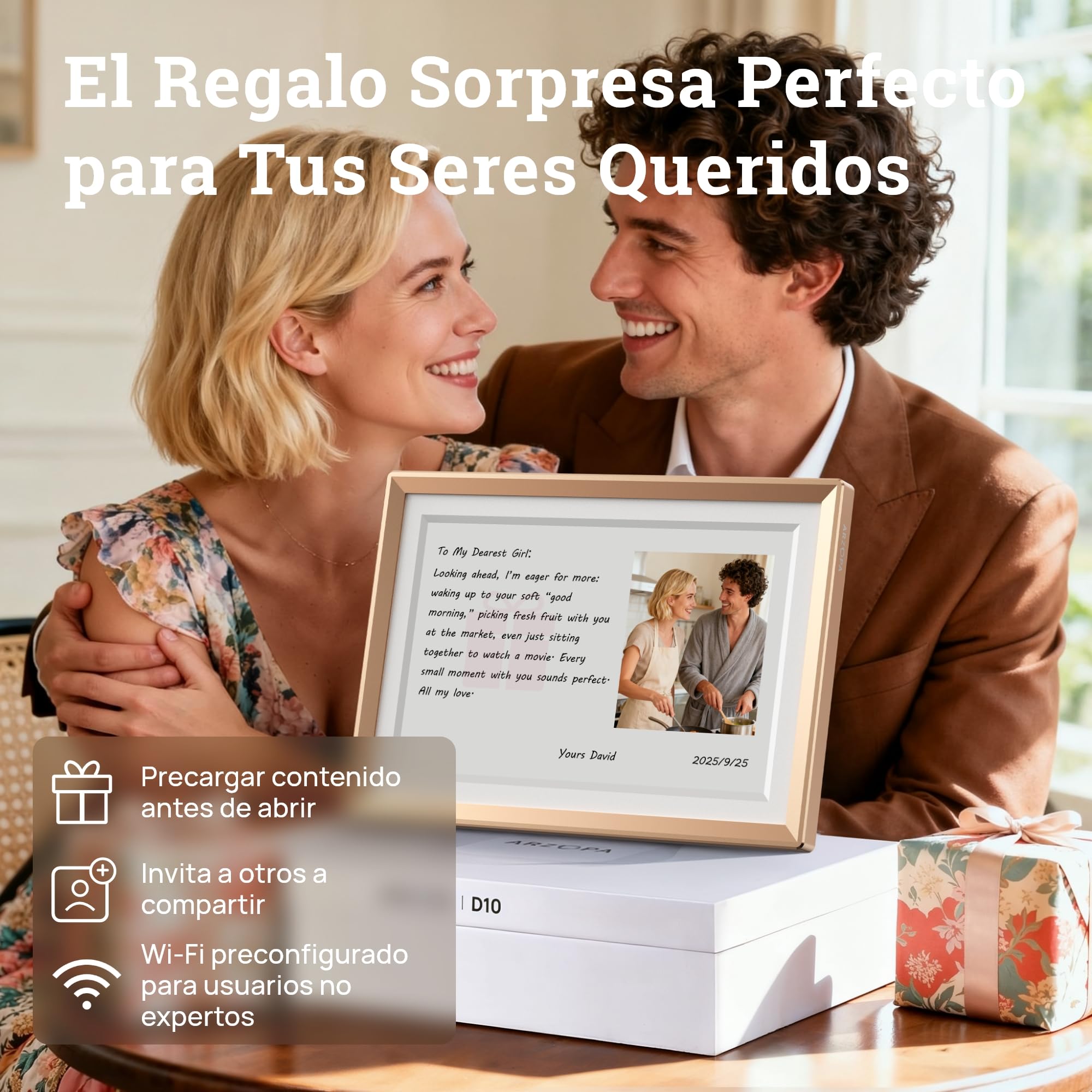 ARZOPA Marco de Fotos Digital 10.1" Nube Ilimitada Gratis HD IPS Pantalla Táctil Marco Digital de Metal Comparte Fotos Videos a Distancia Via App Marco Personalizado Regalar - D10 Gold