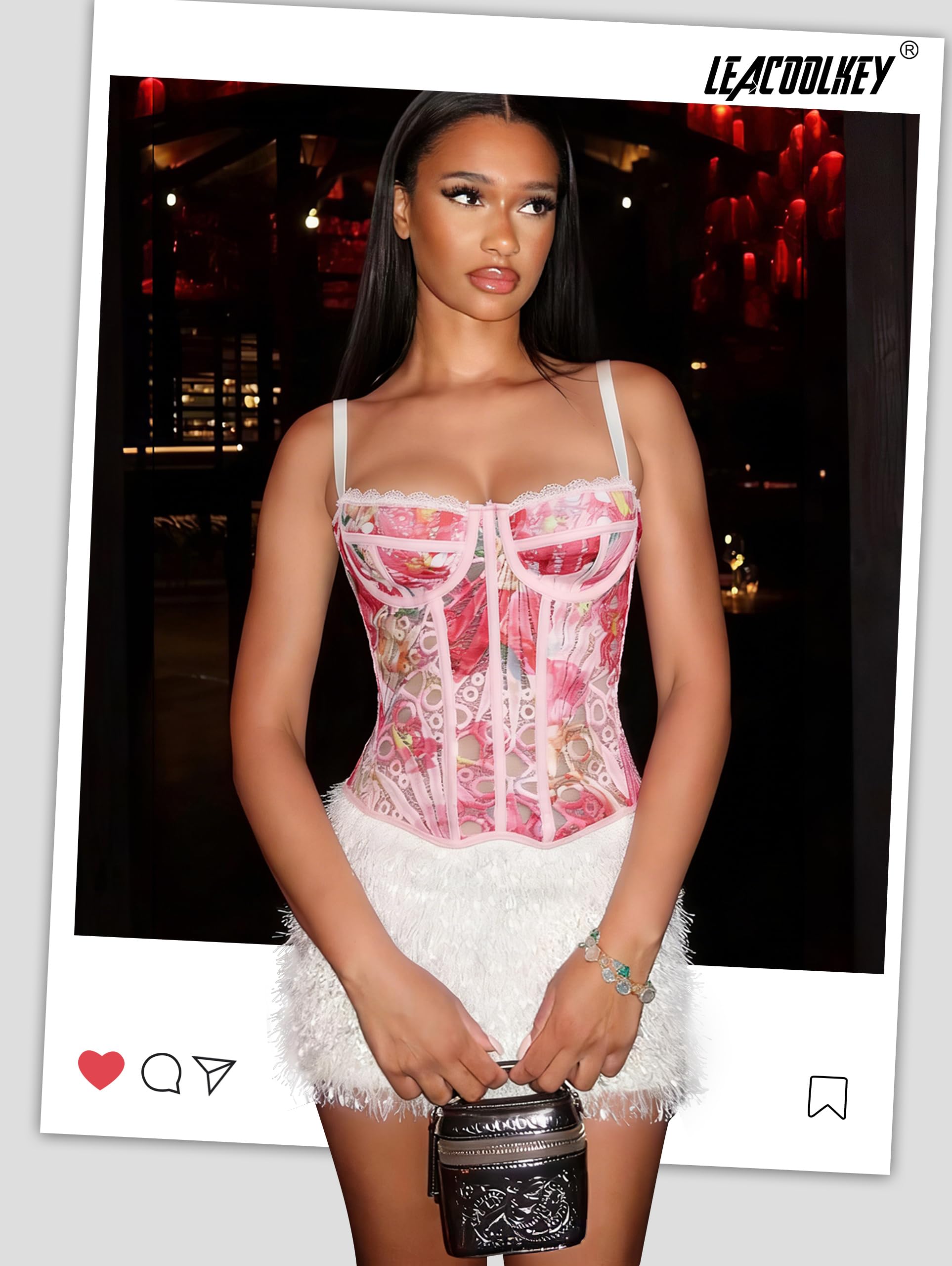 LEACOOLKEY Corsetto per Donna Top Bustier Sexy in Pizzo e Mesh Che Escono Top Corto con Spalline per Uscite Serate Appuntamenti e Feste-