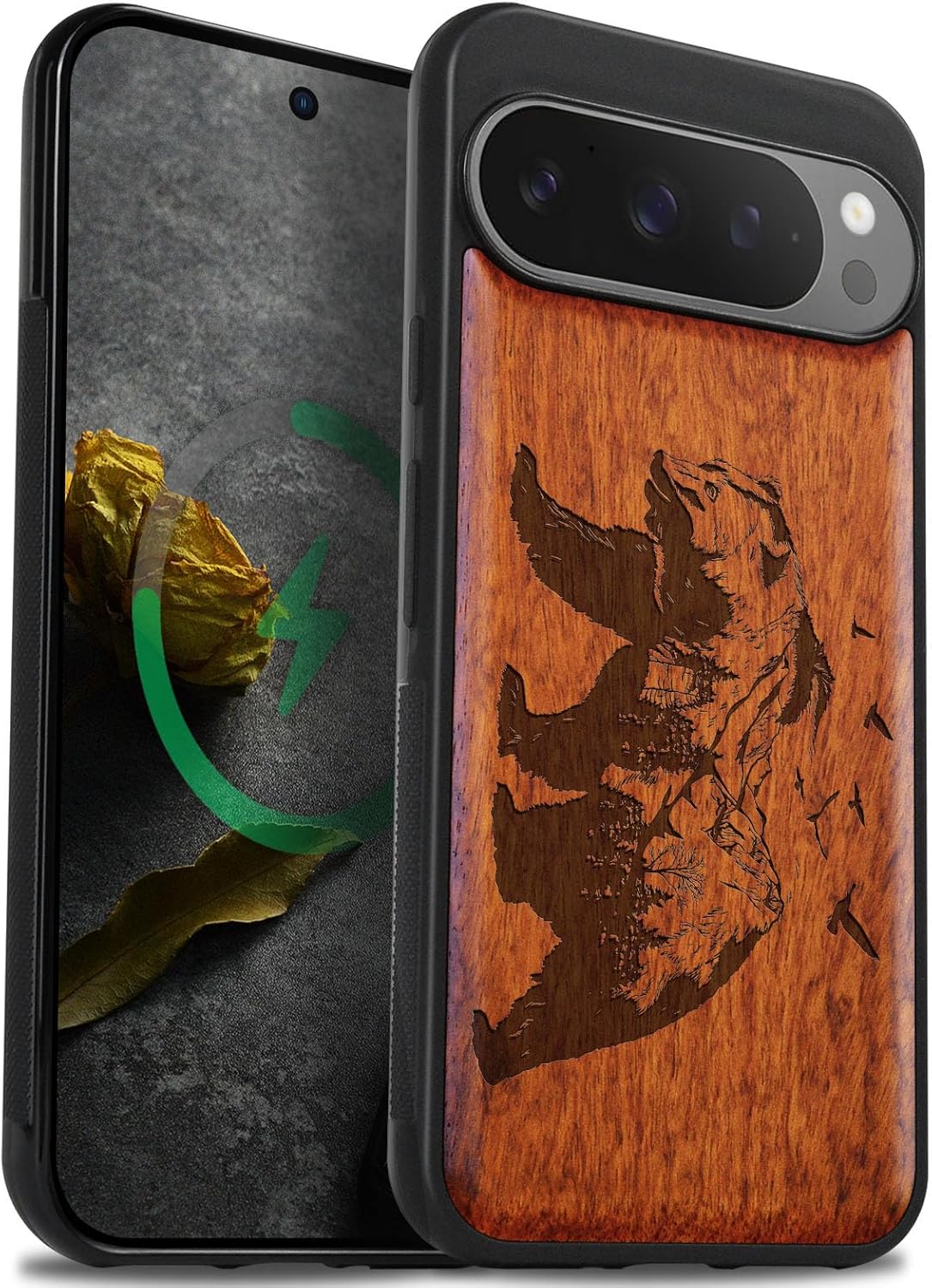 Carveit Magnetic Wooden Case for Pixel 9 Pro Google 9 Pro Case, Wood Artisan Engraved & Soft TPU Shockproof Cover, Compatible with MagSafe Wireless Chargers (Bear and Valleys) Rosy