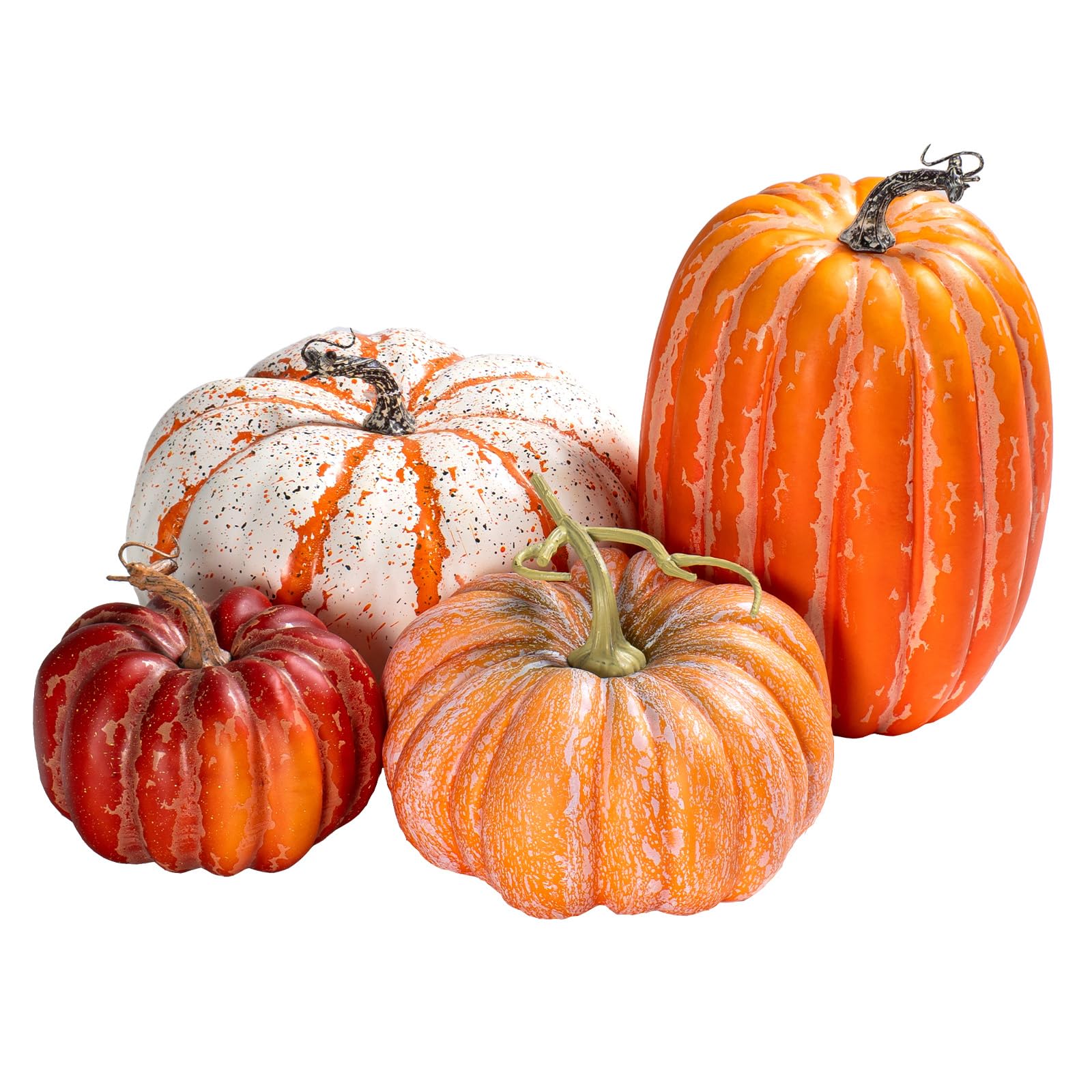 4 PCS Assorted Sizes Rustic Fall Artificial Pumpkins, Realistic Faux Pumpkins with Vintage Orange White Red Finishes, for Fall Halloween Thanksgiving Holiday Home Mantel Tabletop Decorations