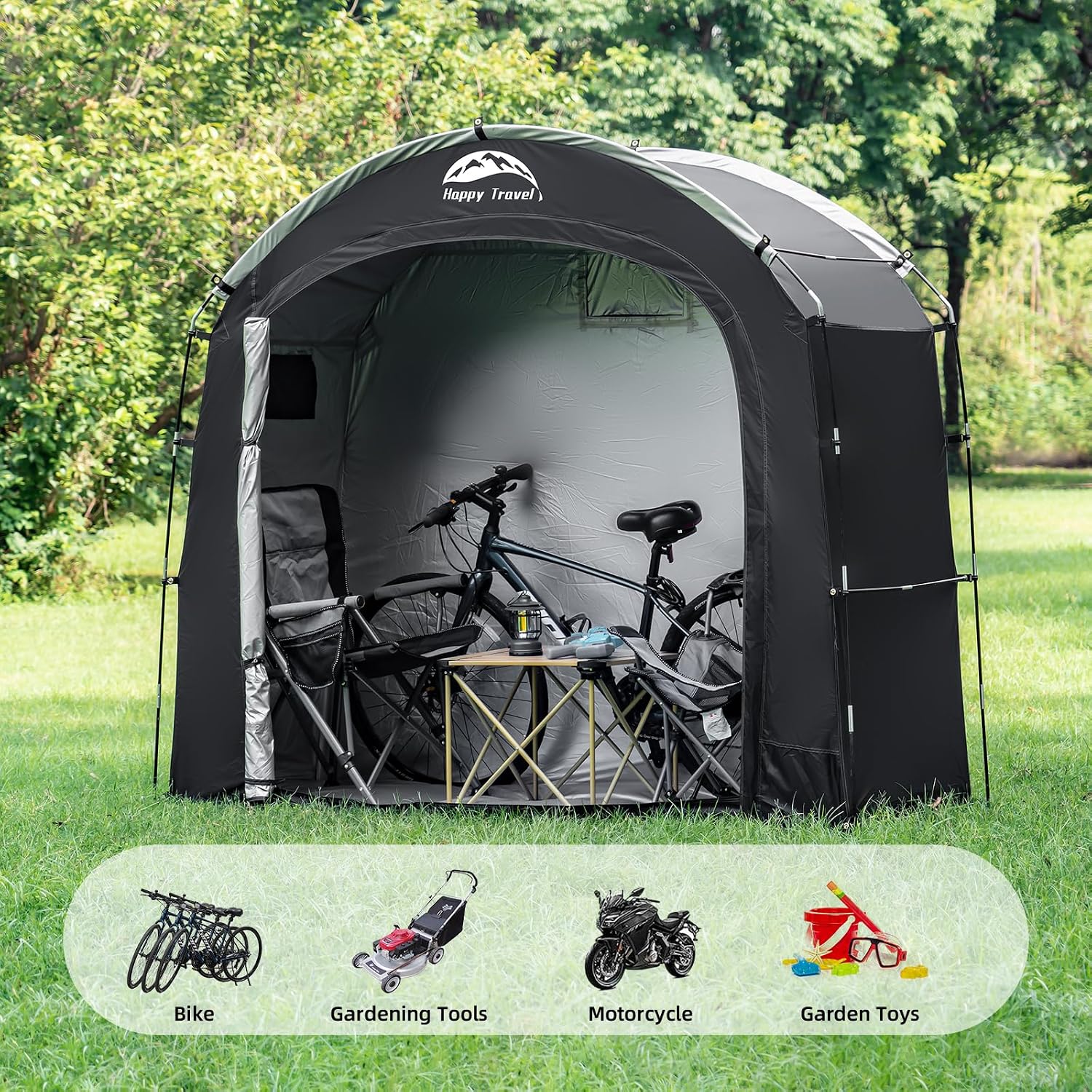 Happy Travel Bike Storage Tent Shed,Large Outdoor Waterproof Bicycle Covers Shelter with Window for 2/3 Bikes,Oversized Outside Portable Sheds for Lawn Mower,Garden Tools (Black)