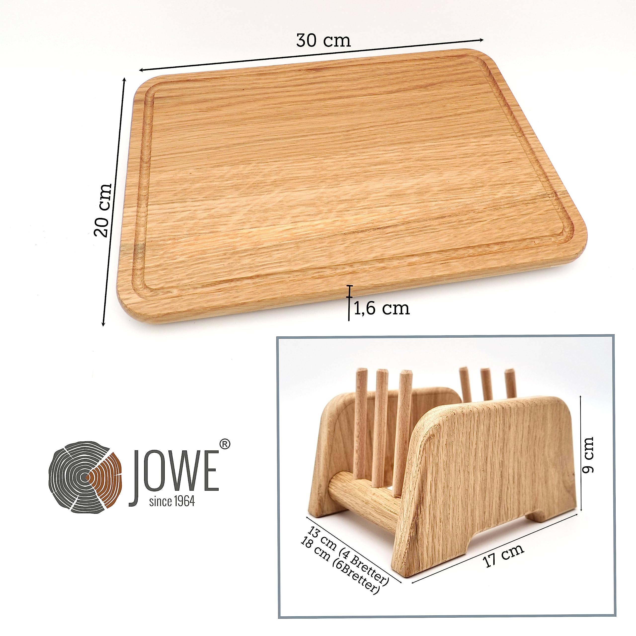JOWE Prostokątna deska na przekąski z drewna | designerska deska na przekąski z dębu - zestaw 6 szt. z uchwytem | format 30 x 20 x 1,6 cm