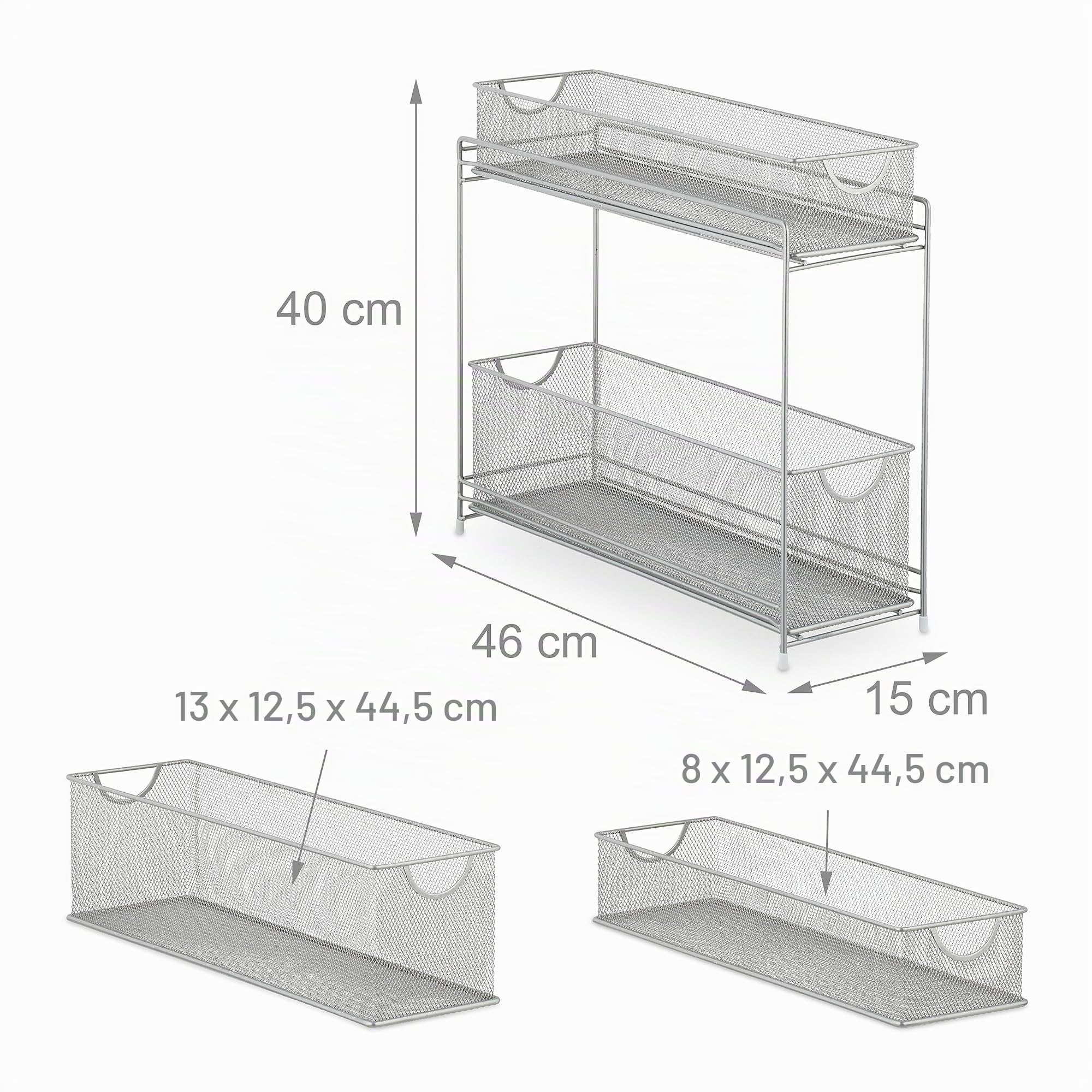 Relaxdays Organiseur pour Placard de Cuisine, corbeilles coulissantes, 2 tiroirs, métal, HxLxP: 40x15x46 cm, argenté