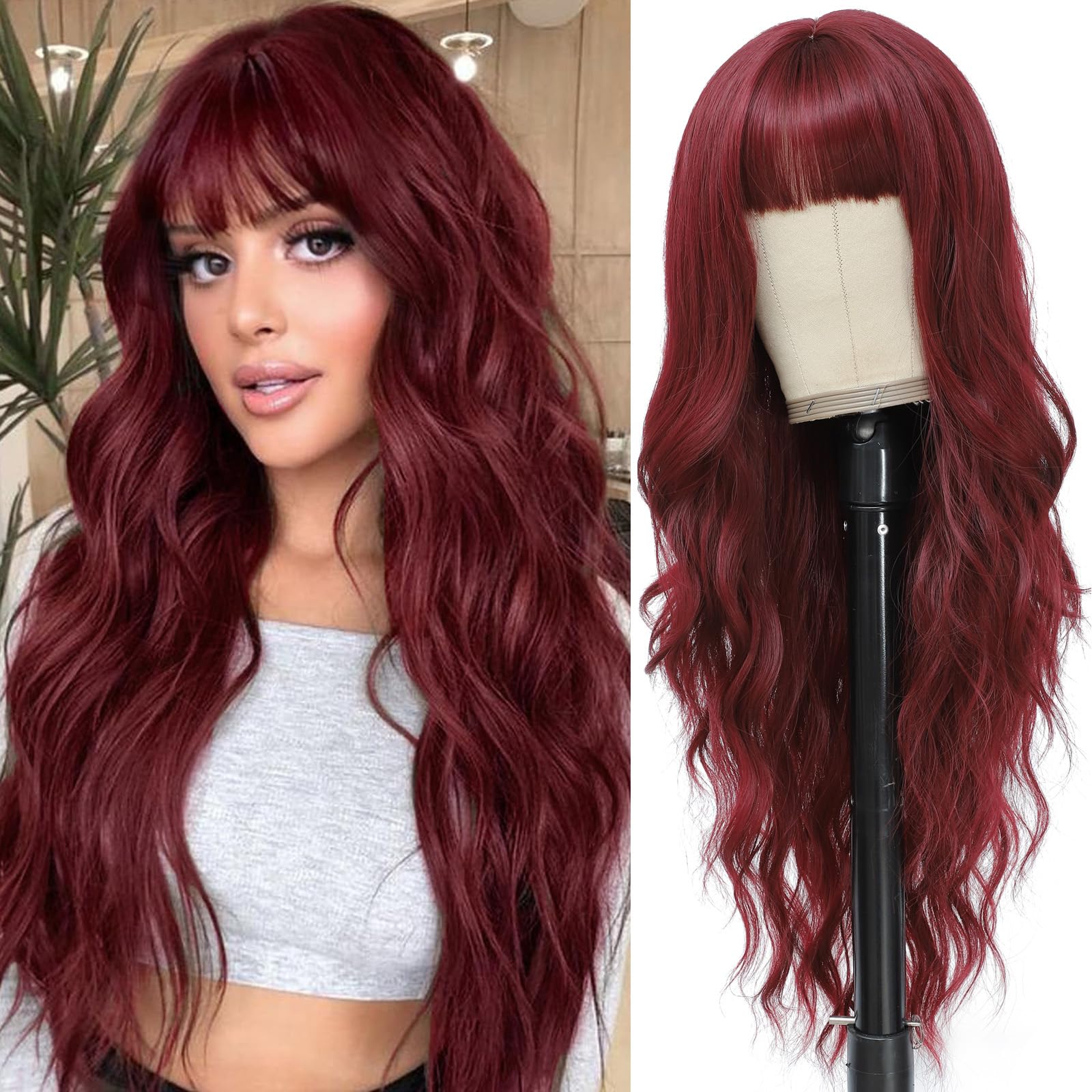MINSEEYOO Burgundy Wig with Bangs for Women Long Burgundy Wavy Wigs 26 Inch Dark Red Wigs Natural Looking Heat Resistant Synthetic Wig for Daily Party