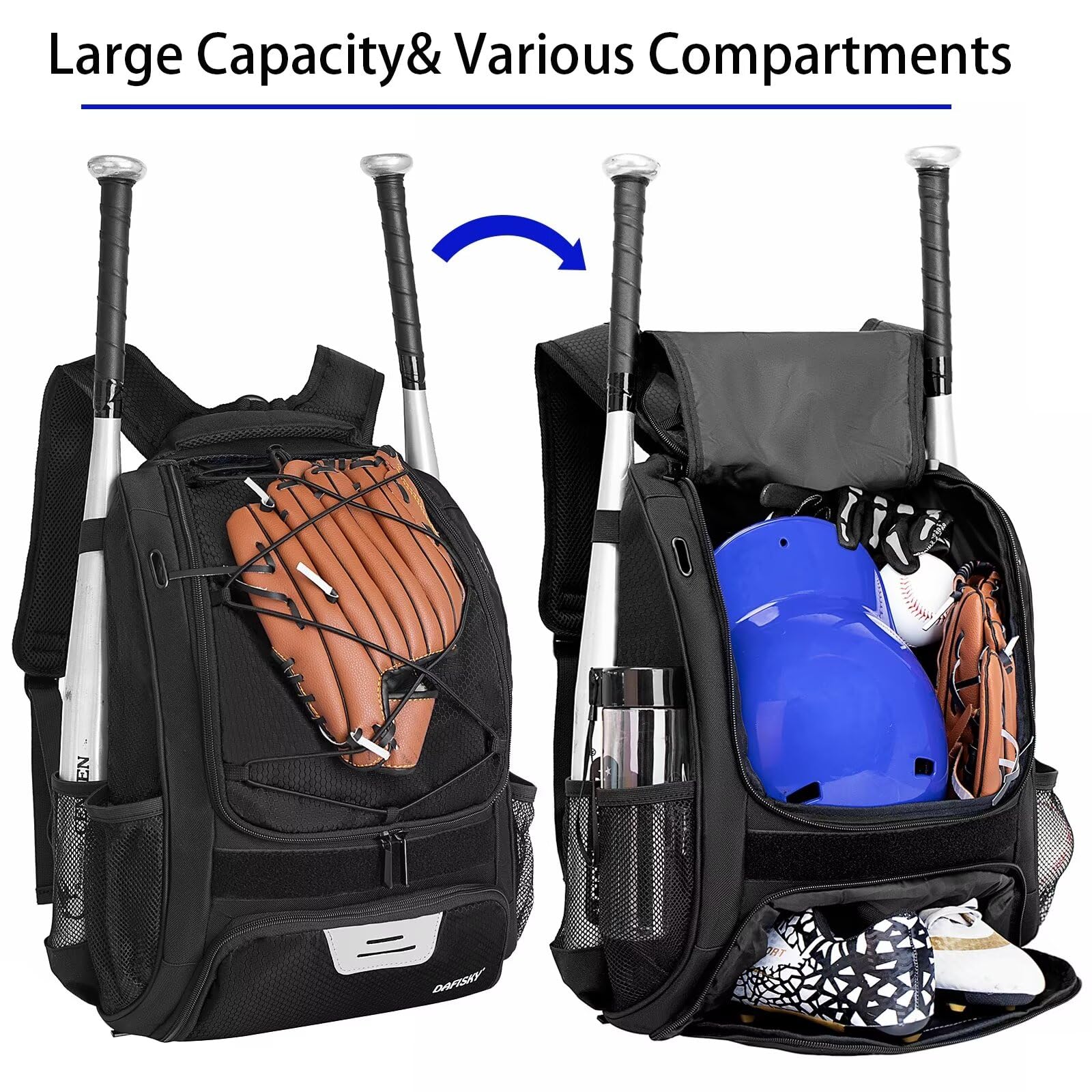 DAFISKY Baseball-Tasche Softball-Rucksack – Jugendliche, Erwachsene, T-Ballschläger-Ausrüstungstasche mit Schlägerhelmhaltern, Schuhfach
