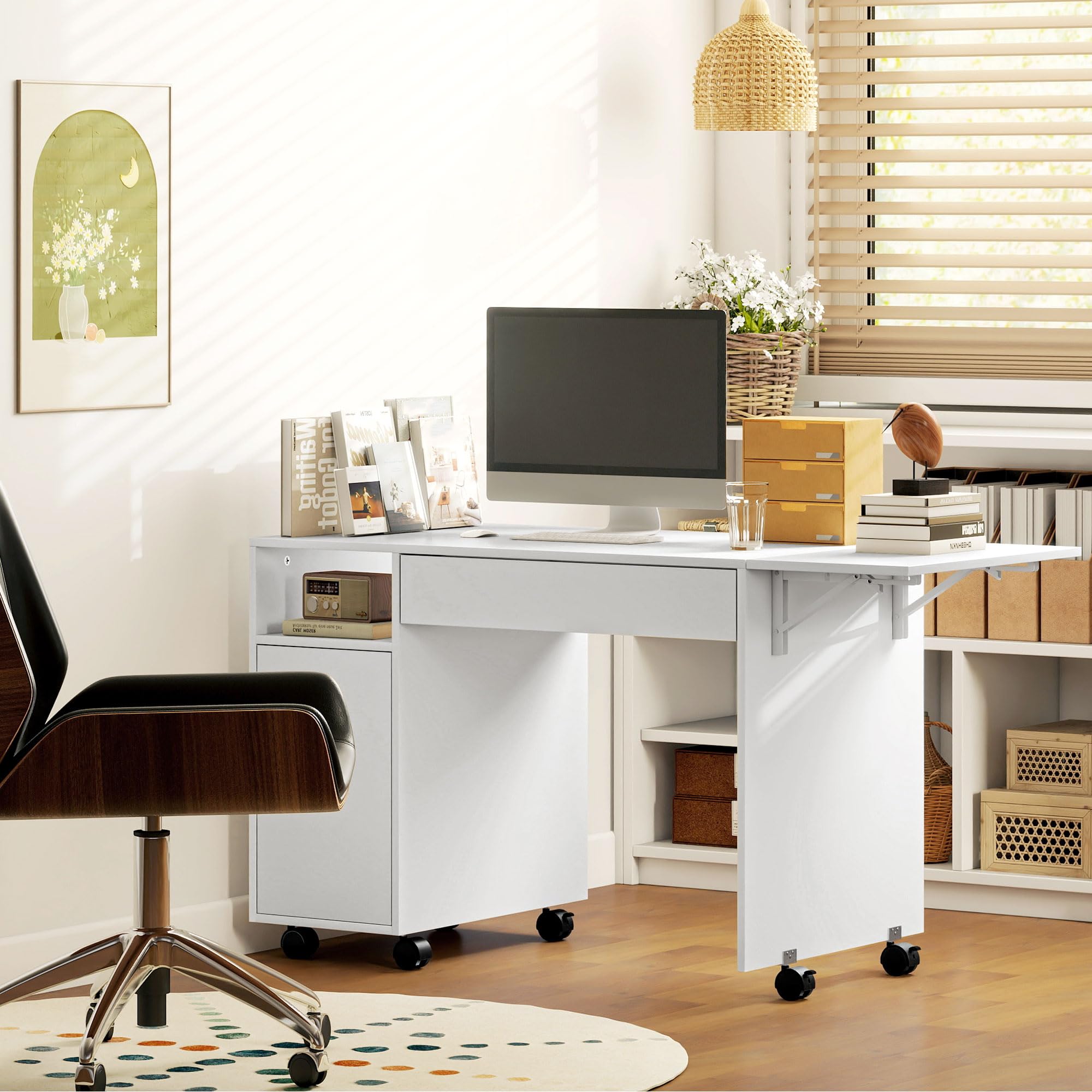 HOMCOM Escritorio Ordenador Plegable móvil sobre Ruedas 130x58cm Blanco | Escritorio con almacenamiento, cajón, estación de trabajo para espacios pequeños, dormitorio, sala de estar