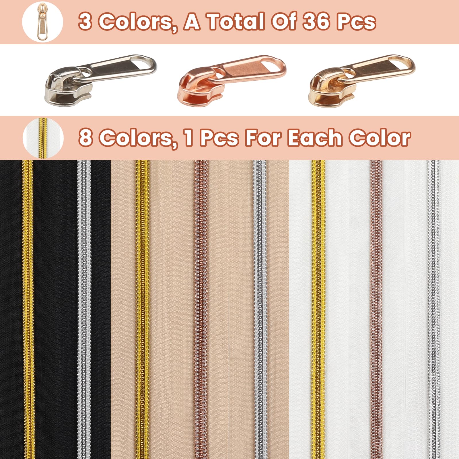 DOITEM #5 Silver Gold Black 16m Metallic Nylon Coil Zippers by The Yard Bulk Black White Khaki with Sliders for DIY Sewing Tailor Craft Bags - Image 2