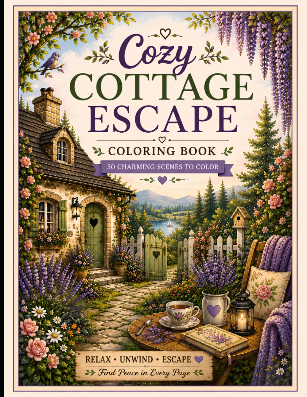 Cozy Cottage Escape: 50 Relaxing Coloring Pages of Charming Cottages, Gardens & Peaceful Countryside Scenes