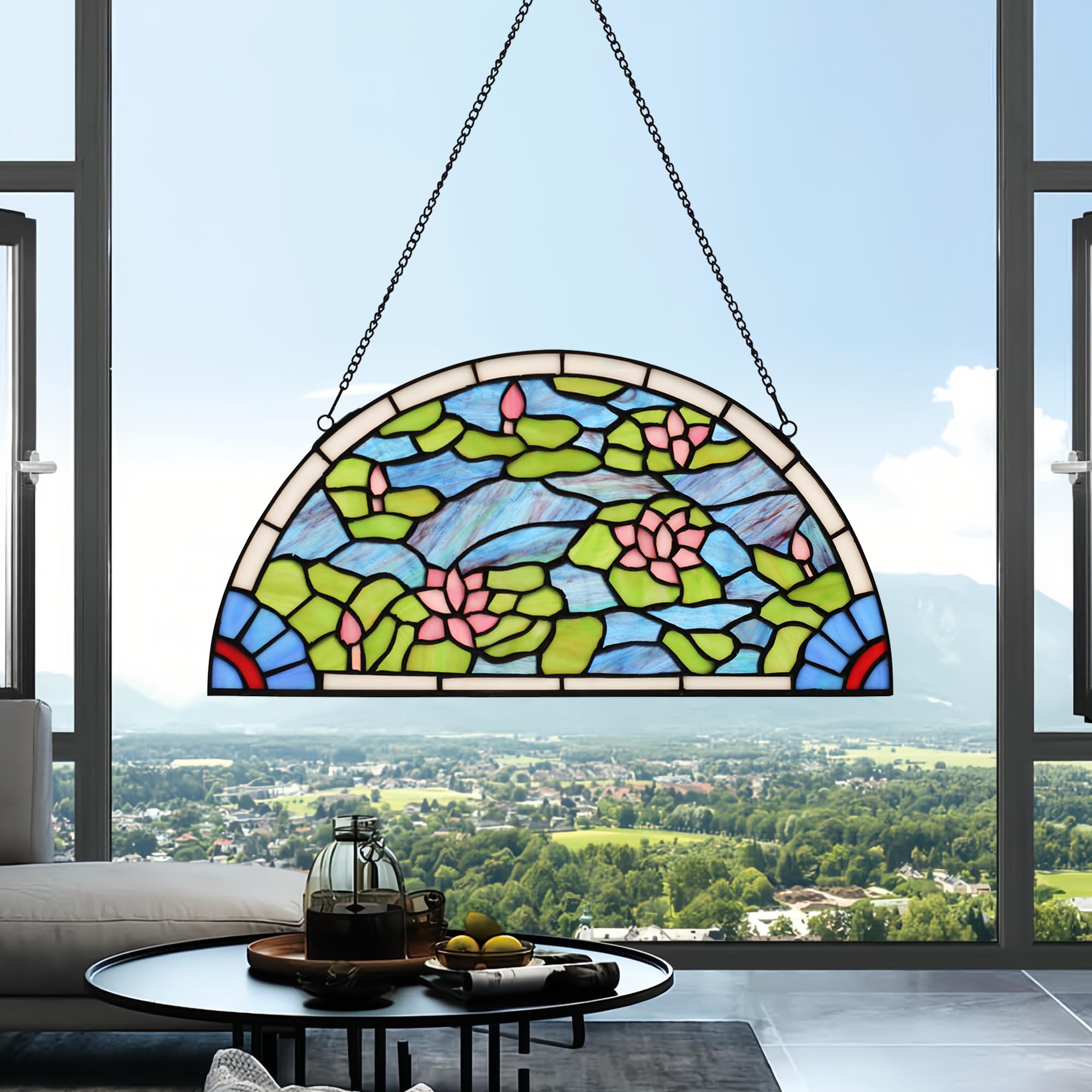YOURANJU Halbmond-Buntglas-Fensterdekoration, Tiffany-Stil, 40,6 x 20,3 cm, halbrund, Einweihungsgeschenk, Wohnzimmer, Schlafzimmer, Küche, Fenster, dekorative Behänge mit Kette (Lotus)