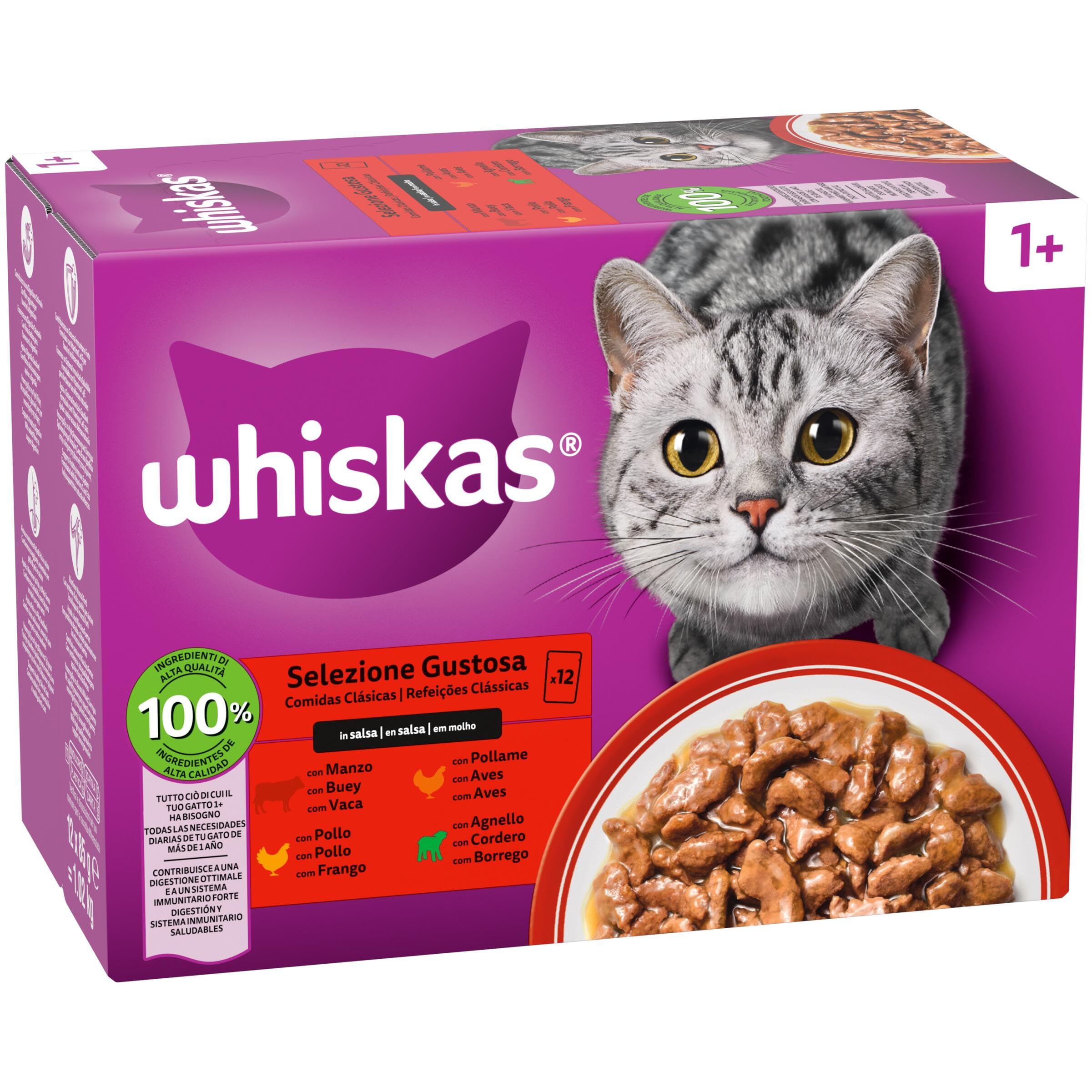 WHISKAS Duo Comida húmeda en Salsa Gatos Adultos Comb. Clásicas - 4 x 12 bolsitas x 85g