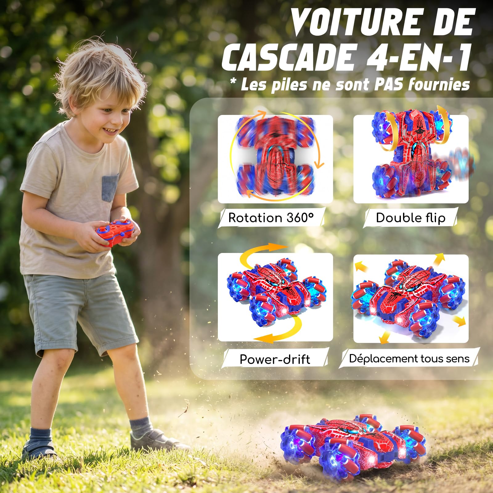 Spider Voiture Télécommandée avec Détection de Gestes, Jouet Enfant Idéal pour 4 5 6 7 8 9 10 11 12 Ans, Voiture RC Double Face avec Éclairage Complet (Rouge)