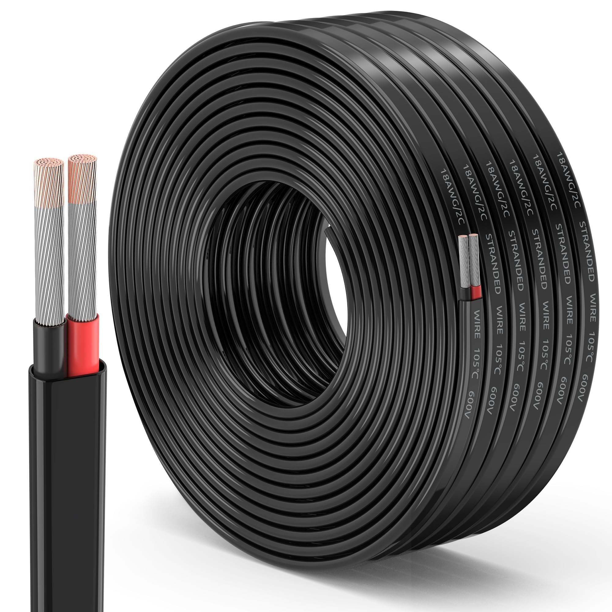 18 Gauge 2-Conductor Electrical Wire, Oxygen-Free Tinned Copper Wire, Outdoor Direct Burial, 12V Low Voltage/Flexible Cable for Automotive Wiring, Lamp Cord, Marine Cable, Solar, Lighting