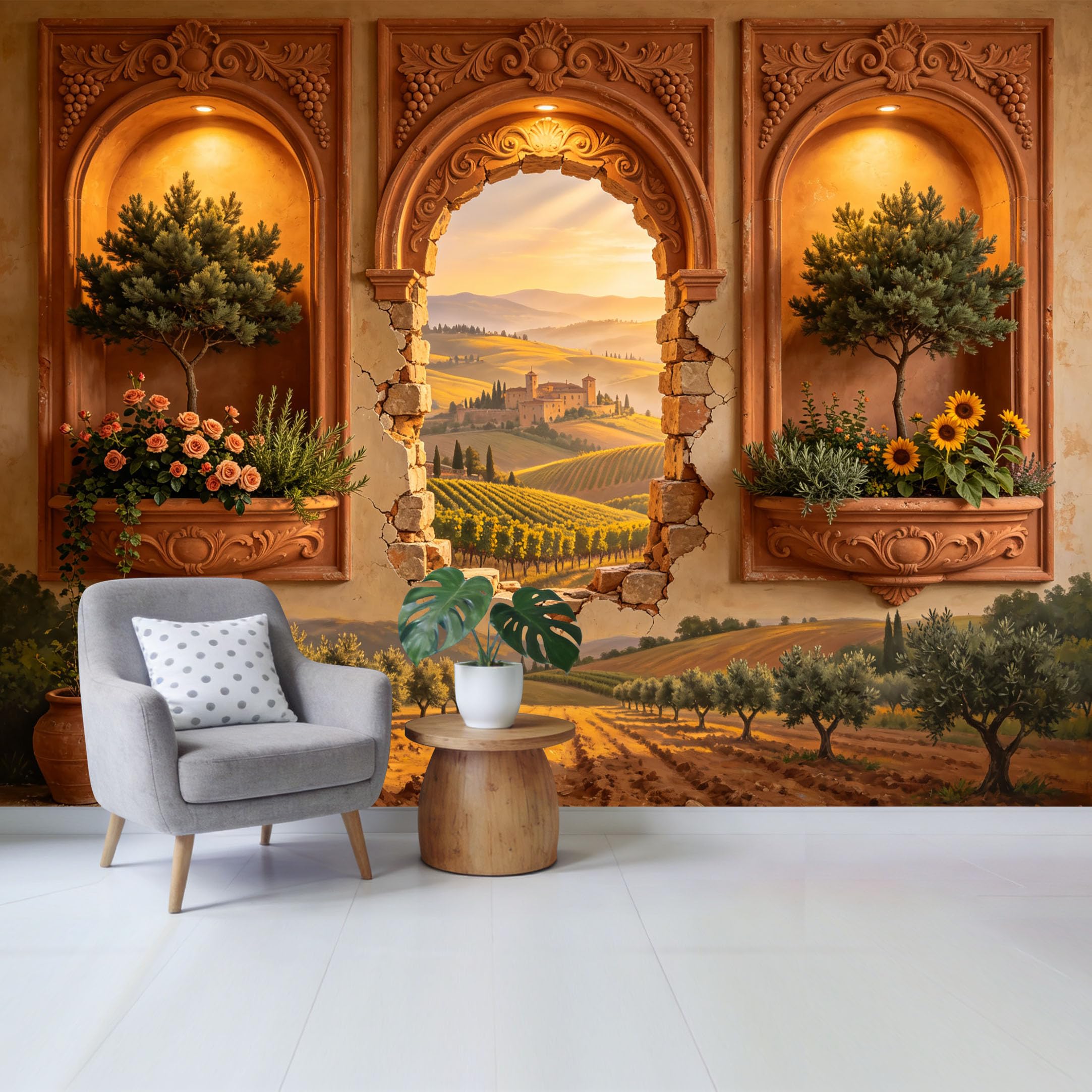 Removable Self Adhesive Fabric Mural， Tuscan Landscape Vineyard Archway Custom Size Wall Covering， UV Protected Waterproof Washable Wall Decor for Living Room Bedroom Bathroom