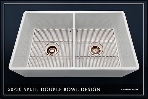 Miniatura 2 de FSW1003AC Fregadero de lujo de 33 pulgadas de arcilla de fuego sólido en blanco, acceso de cobre antiguo, frente plano