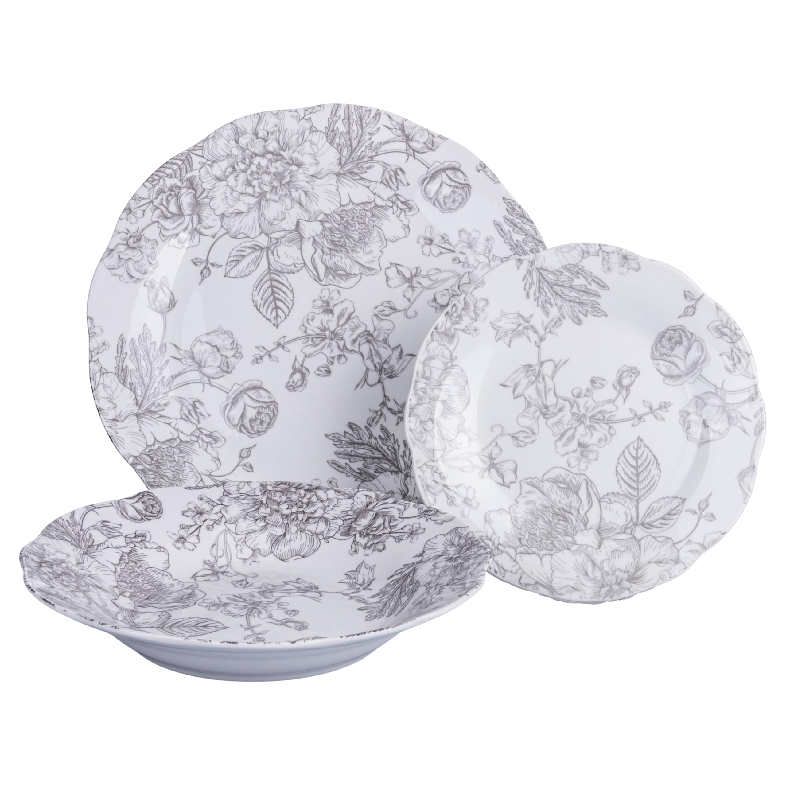 Servizio piatti 18 pezzi in porcellana, 6 posti tavola, decoro floreale, Madame Grey