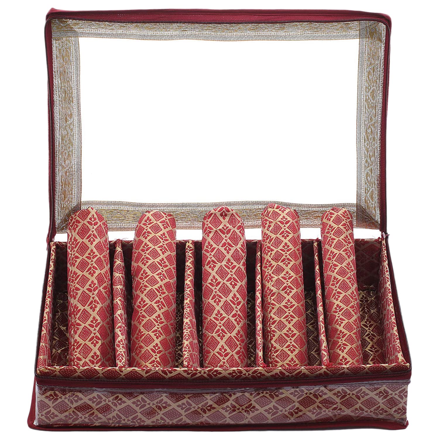 Kuber Industries Wielofunkcyjny wzór Matka laminowane pudełko na 5 prętów / organizer / etui z przezroczystą górą - opakowanie 2 szt. (kasztanowy) -47KM0475