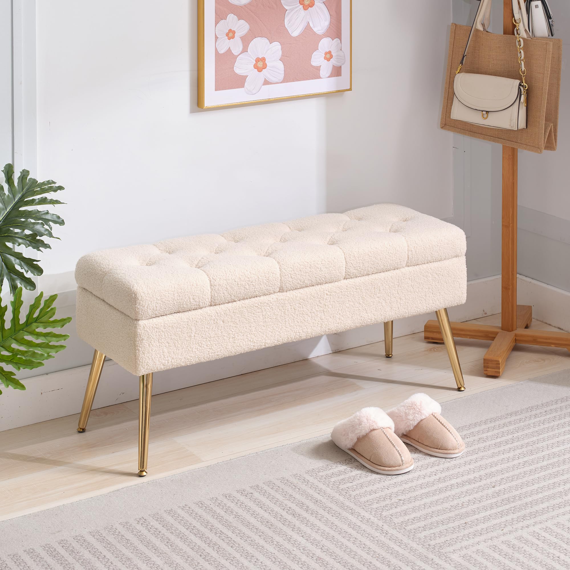 TENLLEY Storage Bench-Entryway Bench,Ottoman for Bedroom End of Bed,Modern Teddy Plush Fabric Benche Bedroom Benches for Foot of Bed,Upholstered Bench with Golden Legs 40" Beige