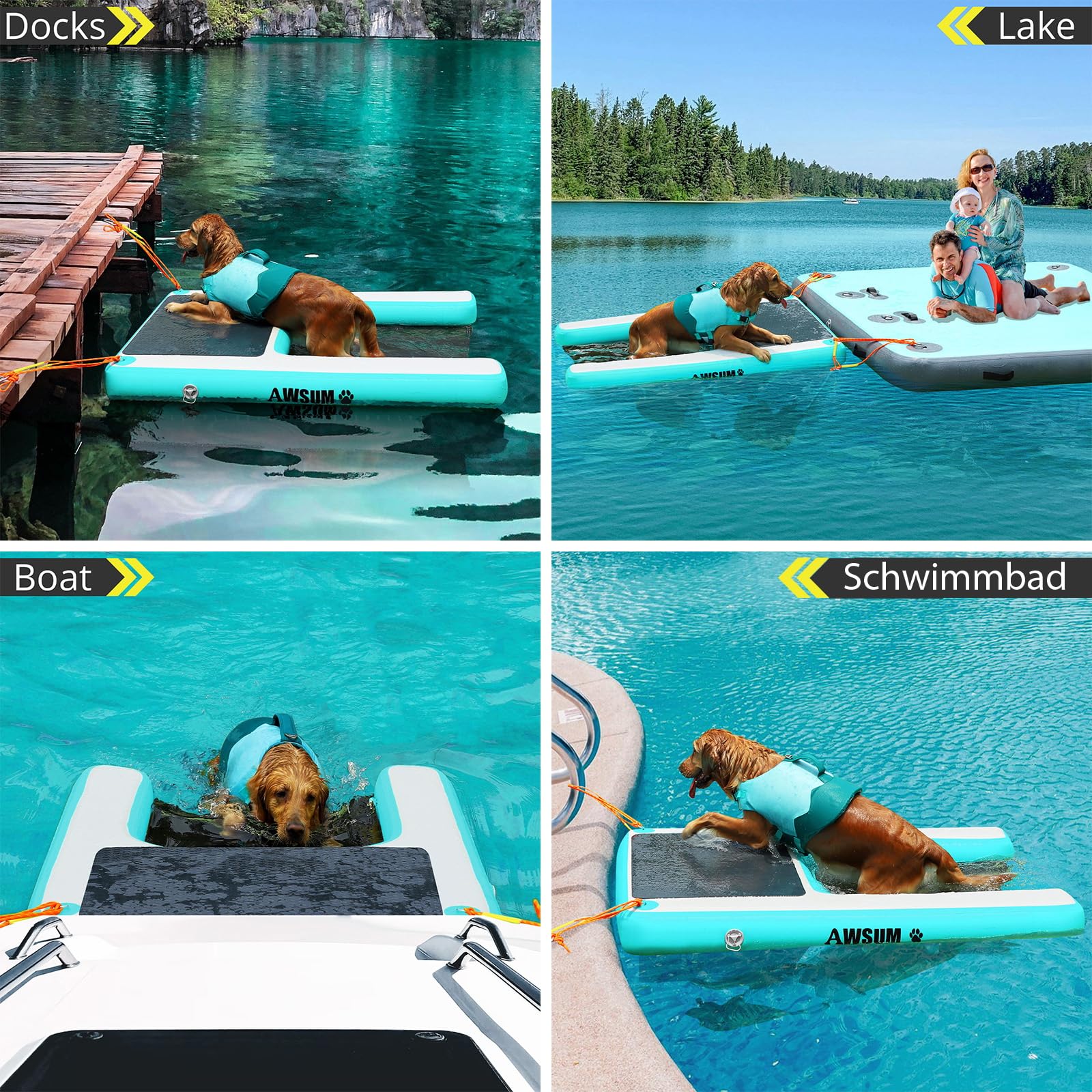 AWSUM Rampa Gonfiabile per Cani 120x100cm Rampa d'Acqua con Borsa Portaoggetti per Animali Domestici fino a 90 kg per Barche e Piscine in PVC