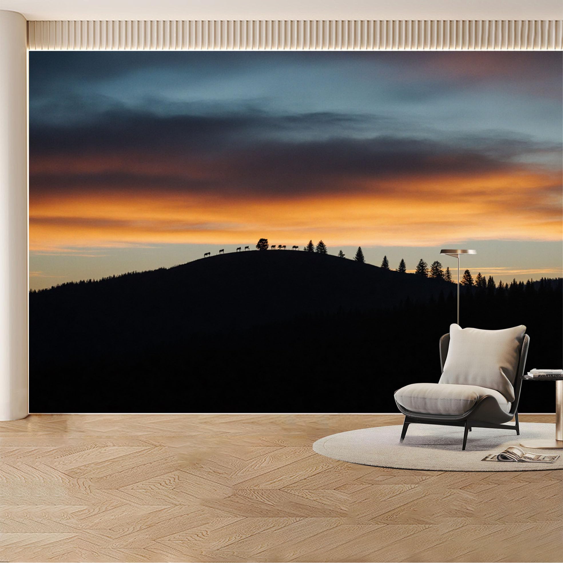 Custom Wall Mural Wallpaper Mountain Forest Silhouette Landscape Nature Wall Decor Large Wall Art Sunset Misty Removable SelfAdhesive Large Photo for Living Room， Bedroom， Office