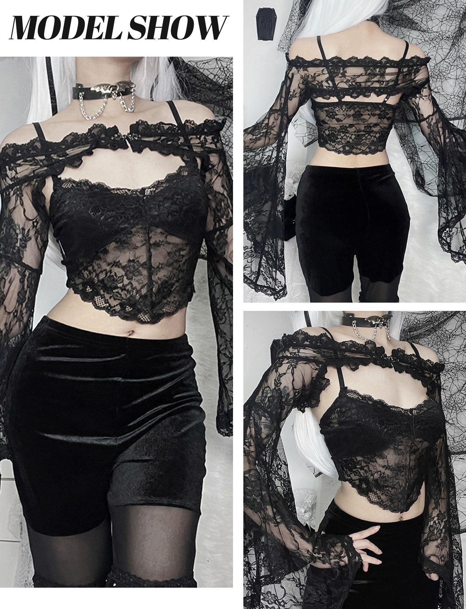 SEAUR Gothic koronkowe bolerko damskie z długim rękawem, styl vintage, punk, na imprezę, do klubu, na karnawał, Halloween