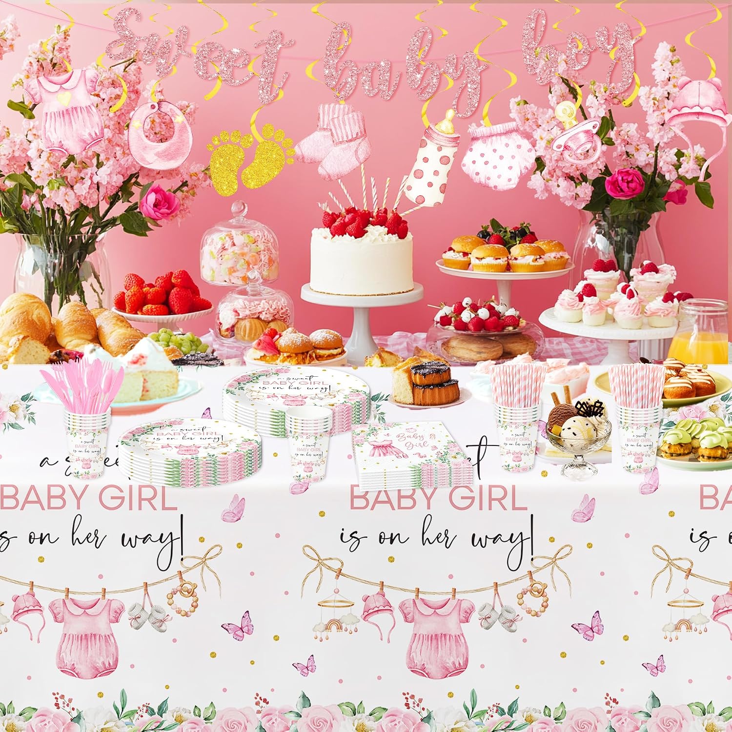 Srua Don Pink Baby Girl Baby Shower Decorations Tablecloth for Girl, Floral A Sweet Girl is On Her Way Party Supplies Table Cover, Baby Girl Party Table Cloth, 3 Pack, 55in x 86in