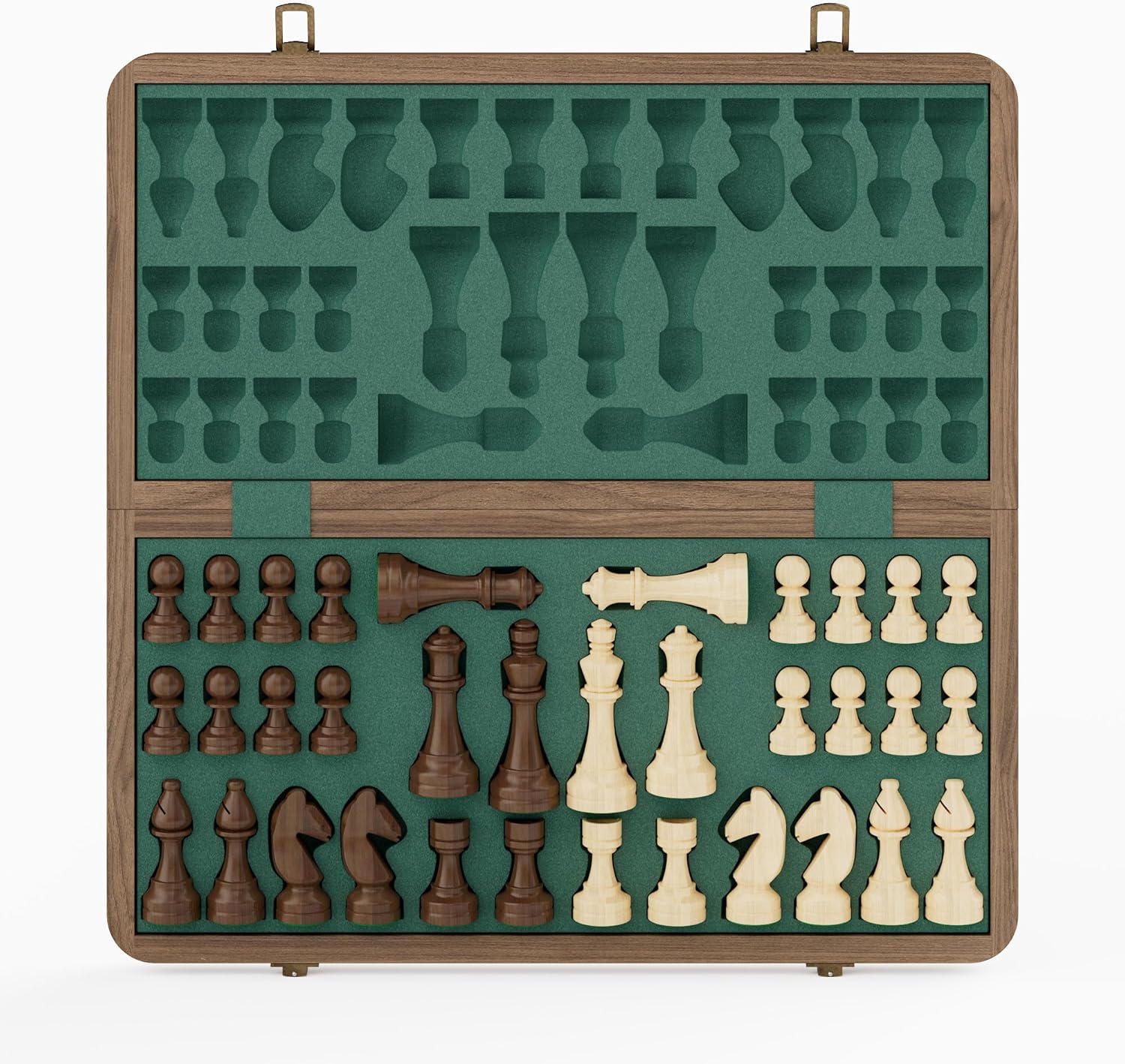 15 Inch Black Walnut Magnetic Chess Set, Folding Wooden Chessboard with Green Dual-Sided Storage Trays, 2 Extra Queens & Dust-Proof Bag, Portable Travel Board Game