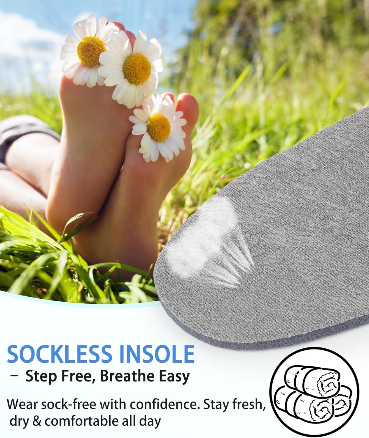 Cotton Terry Cloth Sockless Shoe Inserts - Breathable & Moisture-Wicking Foot Cushions | Shock Absorbing Thick Memory Foam Insoles for Barefoot Comfort| Washable Grey Men EU43/US 10 - Image 3
