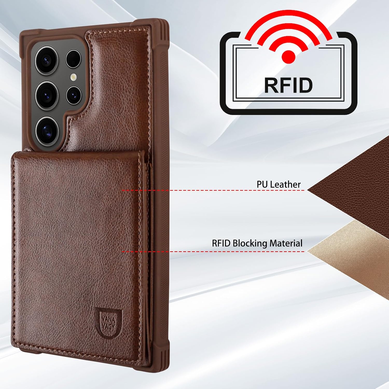 VANAVAGY Compatible for Galaxy S24 Ultra Wallet Case with Credit Card Holder, PU Leather Magnetic Clasp Flip Phone Case with Coin Pocket Screen Protector for Women Men,Brown