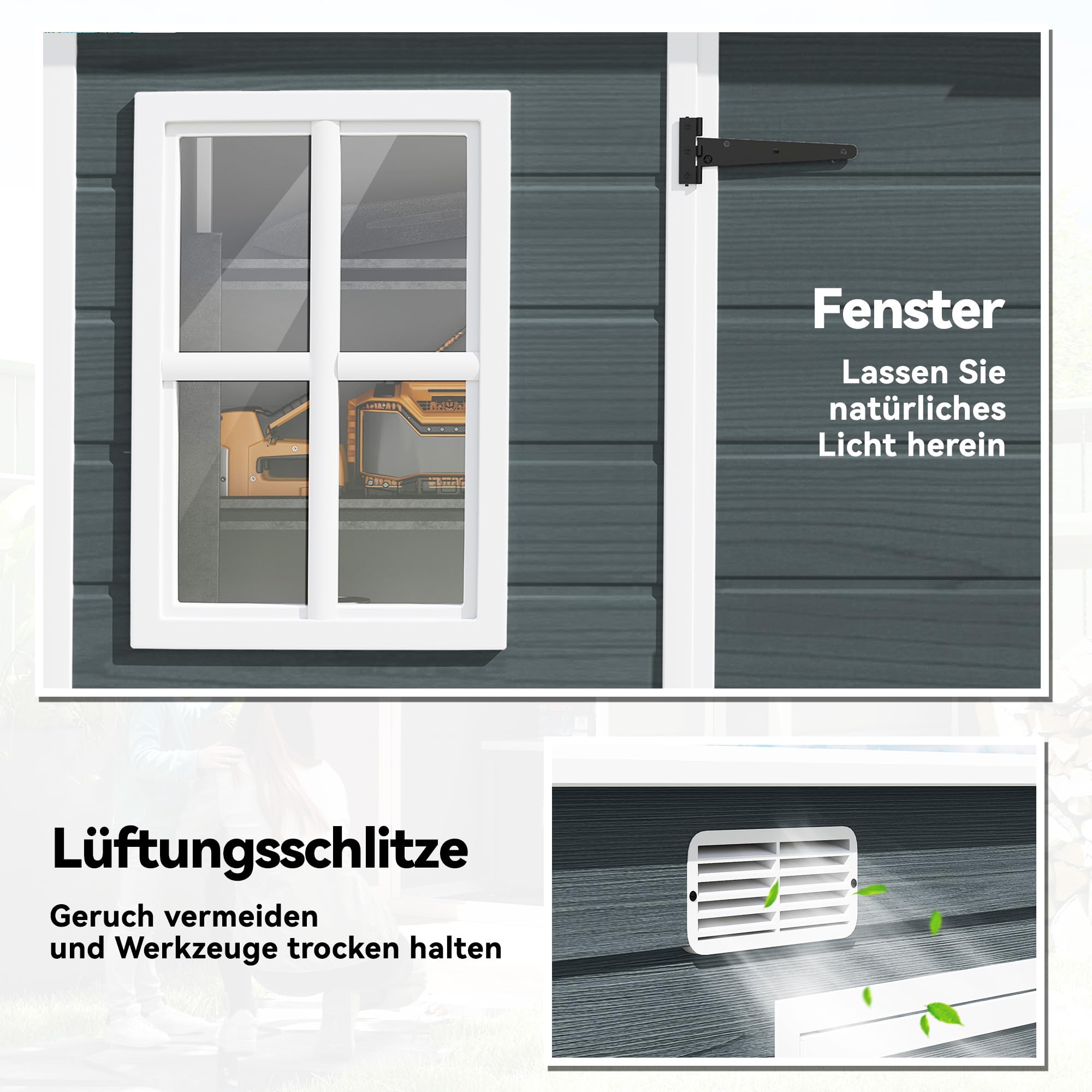 Outsunny Gerätehaus 3,2m², Geräteschuppen mit Pultdach, 303x123x197cm, Kunststoff Gartenschuppen mit Fenster Doppeltür Schloss Belüftungsöffnung Boden Holzoptik, Gartenhaus für Werkzeuge Grau