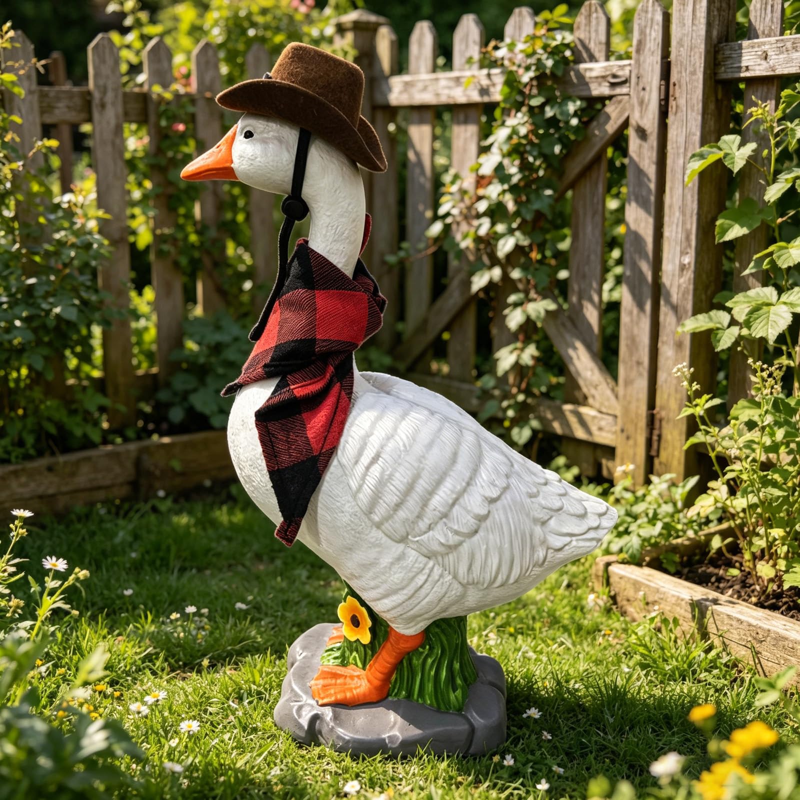Statuetta realistica di oca da giardino cava con base in pietra | Grande oca da portico in resina con base riempibile in sabbia, cappello da cowboy staccabile per vacanze all'aperto