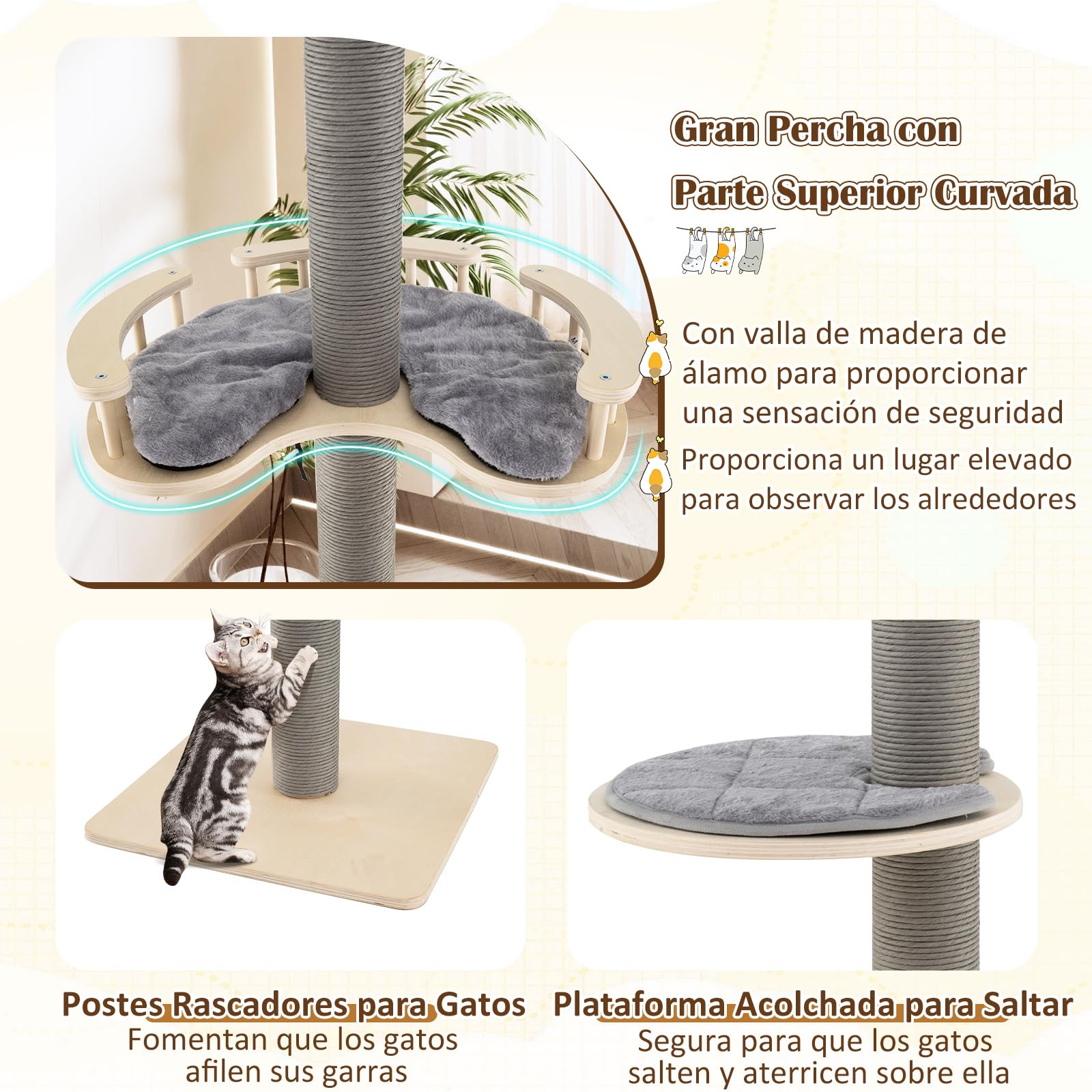 COSTWAY Árbol para Gatos del Suelo al Techo, Torre de Gatos de 5 Niveles Ajustable de 236-271 cm con 3 Plataformas y Hamaca, Base 48x48 cm, Postes Rascadores, Ideal para Gatitos, Gris