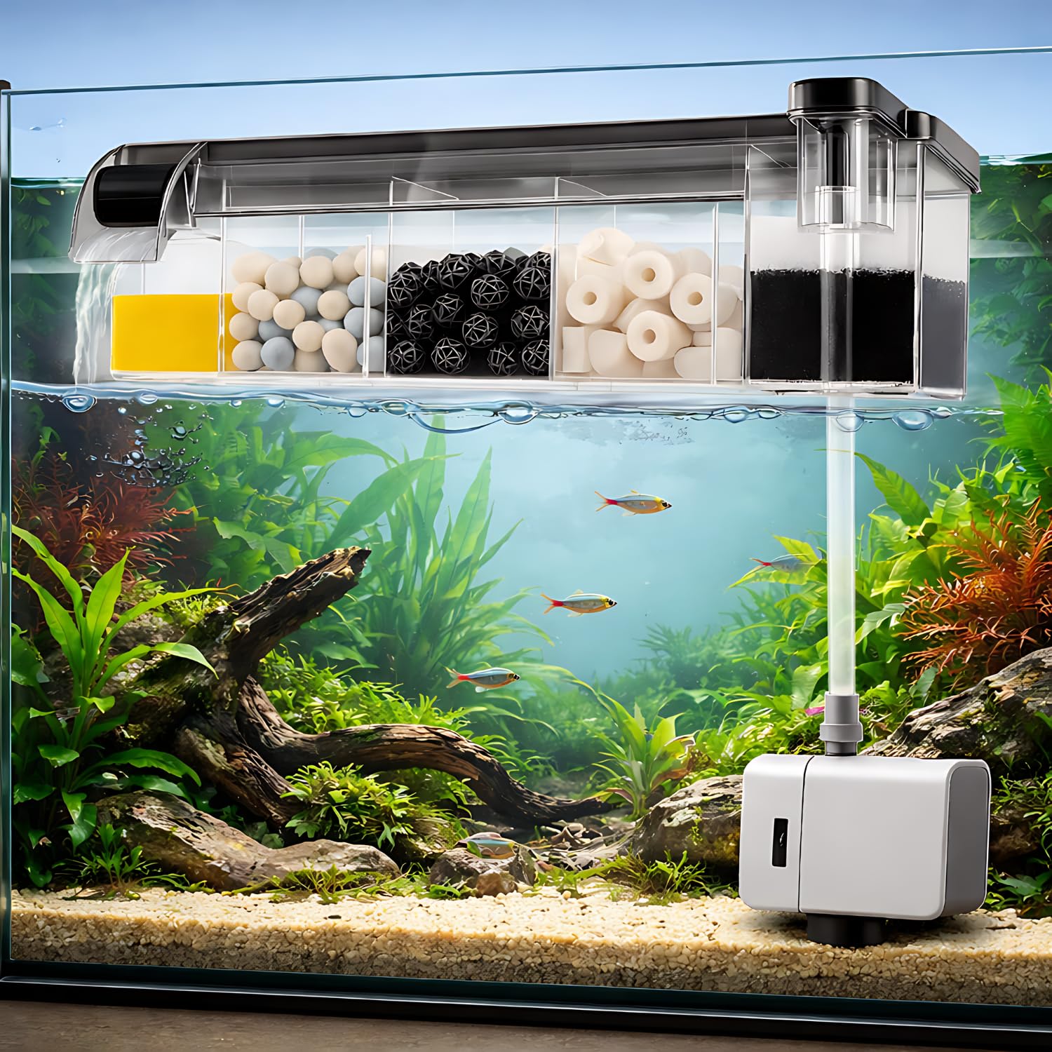 VAYINATO® Multifunctional External Wall-Mounted Waterfall Aquarium Filter with Bio Wheel | 3-Stage Filtration System with Filter Media & Built-in Water Pump (BL-774)-picture-29