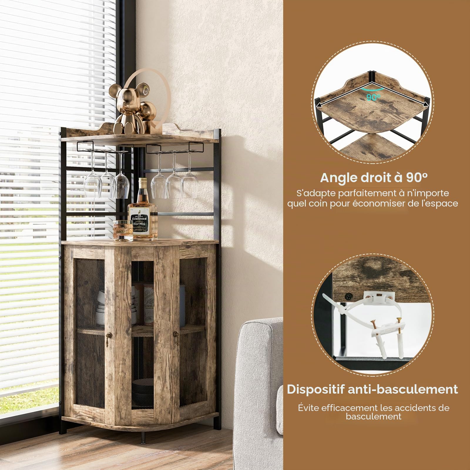 GOPLUS Armoire à Vin d'angle Style Industrielle avec Étagère Réglable et Porte en Maille, Meuble de Rangement avec Porte-Verre à Vin, Armoire de Rangement sur Pieds pour Bar, Cuisine, Salon