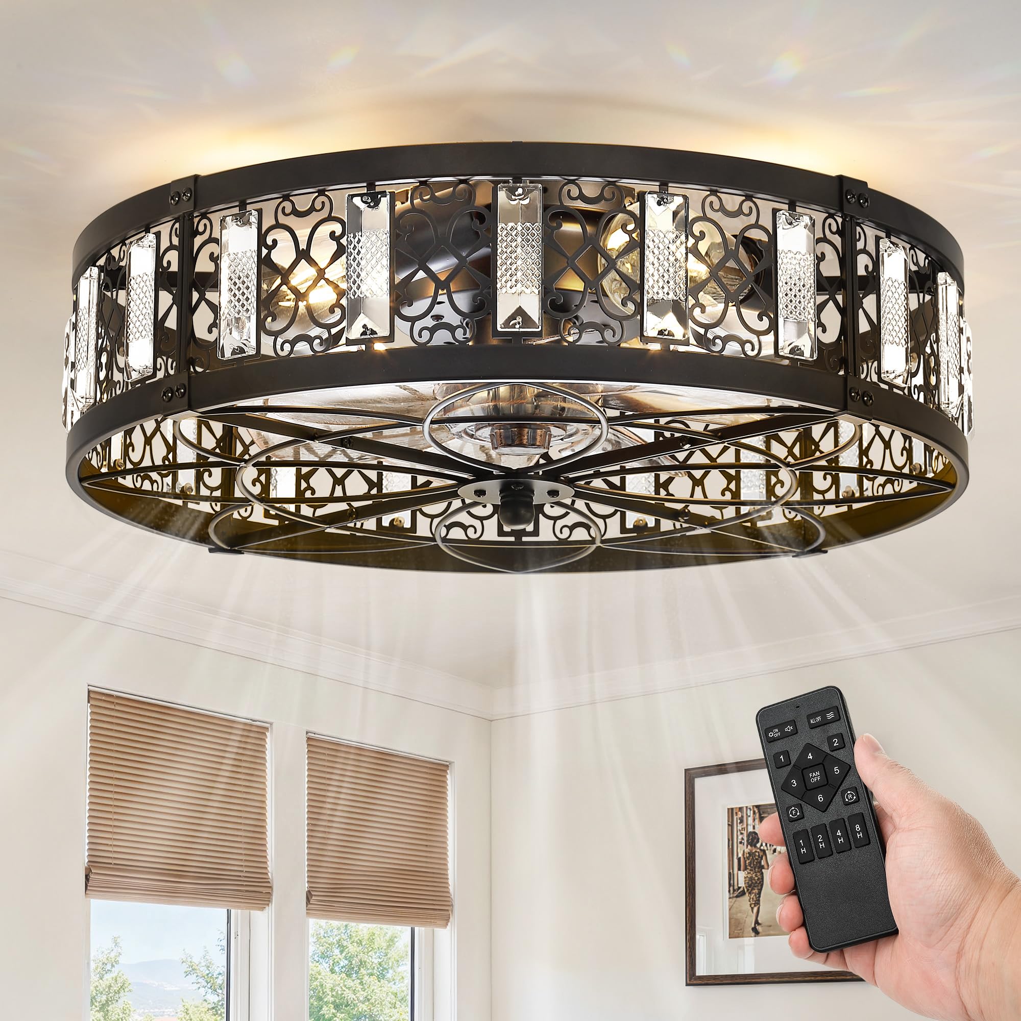 Photo 1 of LEDIARY 20" Caged Ceiling Fans with Lights,Flush Mount Vintage Victorian Rustic Crystal Fandelier,Low Profile Farmhouse Enclosed Ceiling Fan with Light and Remote for Bedroom,Kitchen,Indoor(Black)