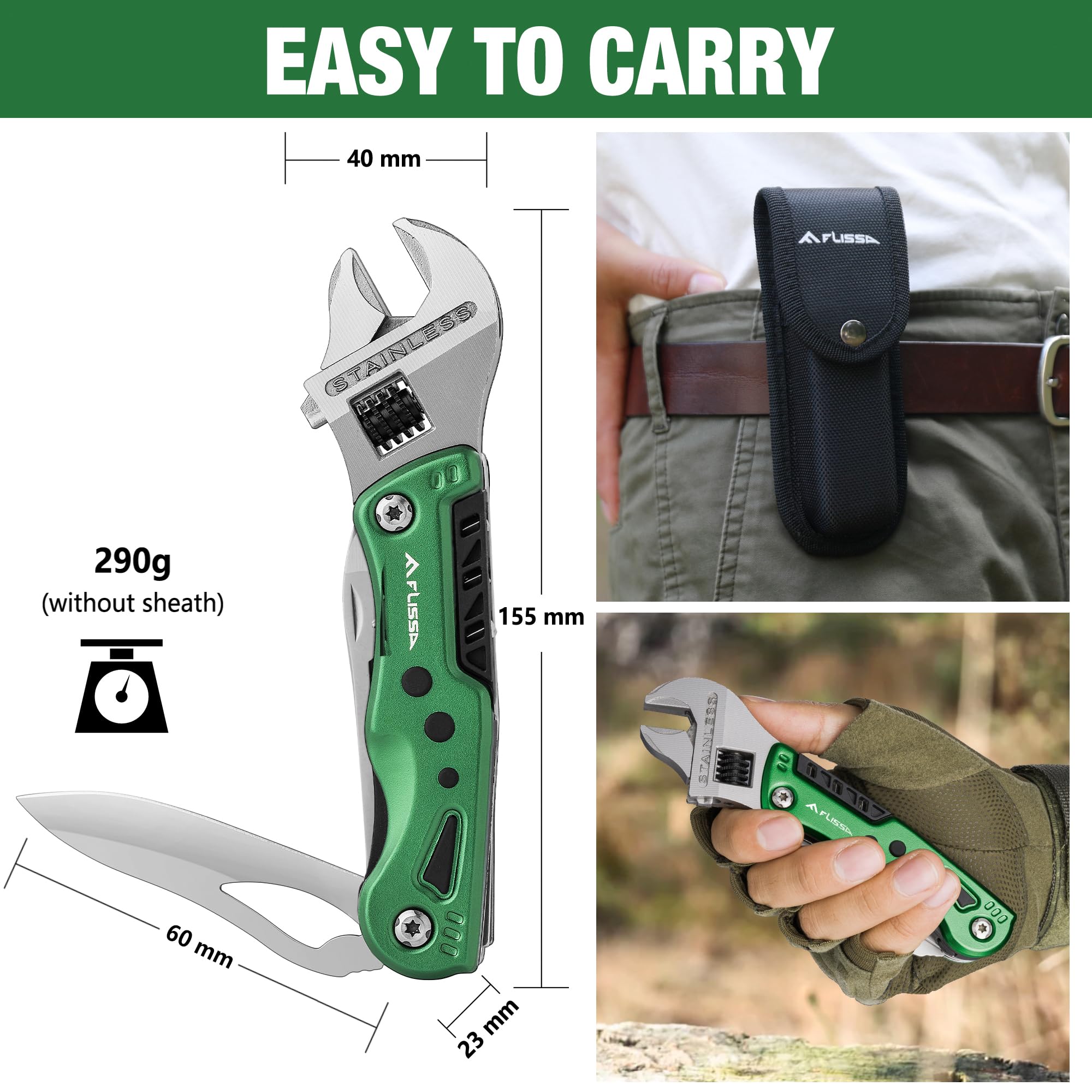 FLISSA Multitool 13 in 1 Chiave Multiutensile Regolabile con Borsa per Riparazioni Auto e Domestiche Verde