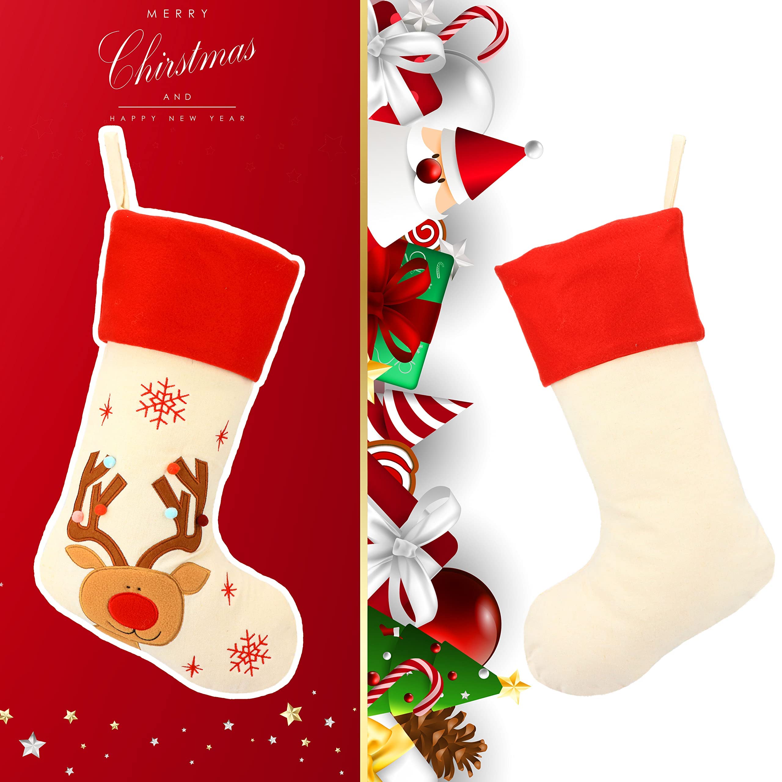 Hopearl 19'' Christmas Stockings Kit 4 Pcs Xmas Stocking Father Christmas Snowman Reindeer Penguin Rustic Flax Socks Holders Ornament Gifts Bags for Family Tree Party Supplies - Image 4