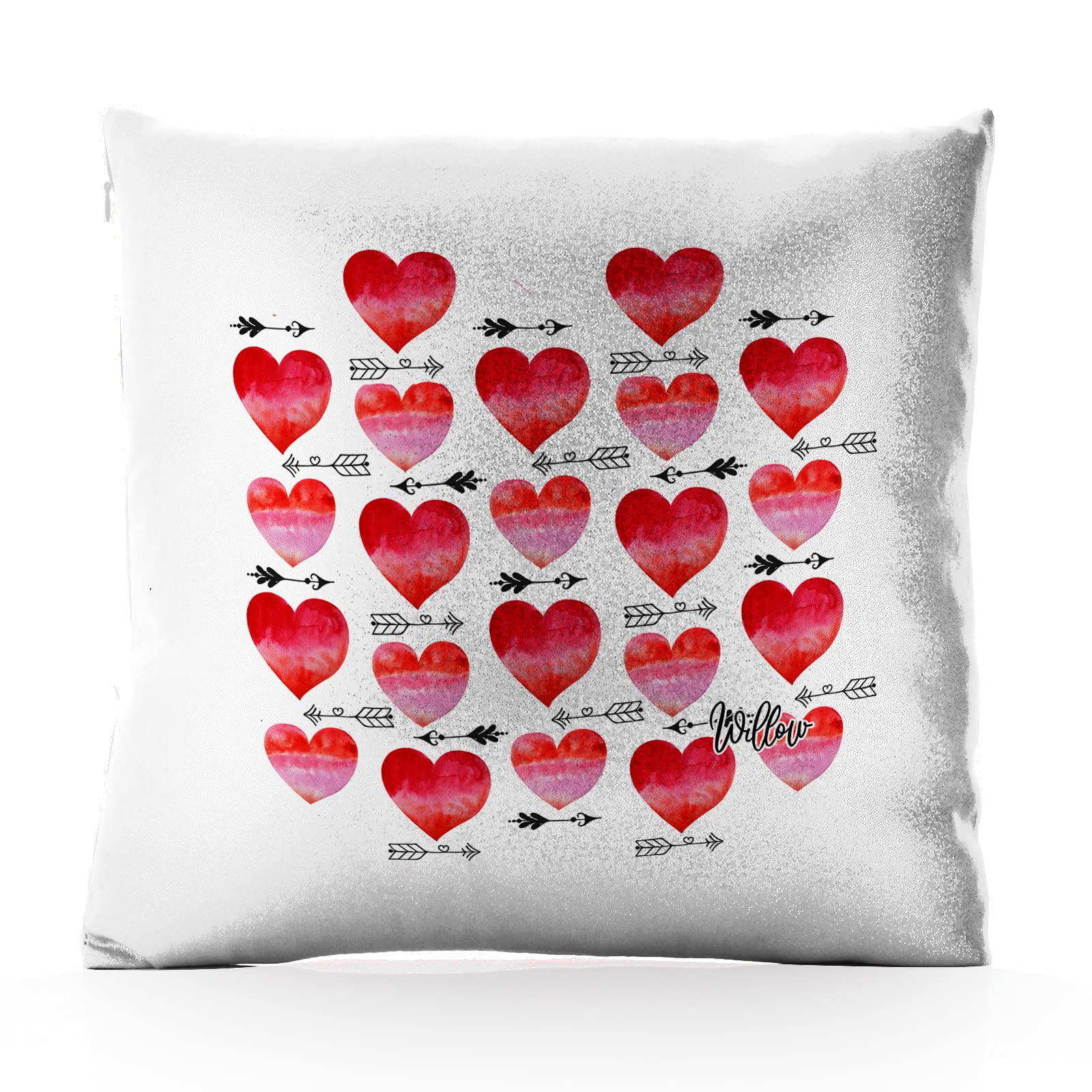 Hairyworm Personalised Cushion Cover with Filling Optional, Pink, Champagne, White Glitter Square Cushion Customised with Name, Love Heart Letter Post Birds Design Print, Love Pillow