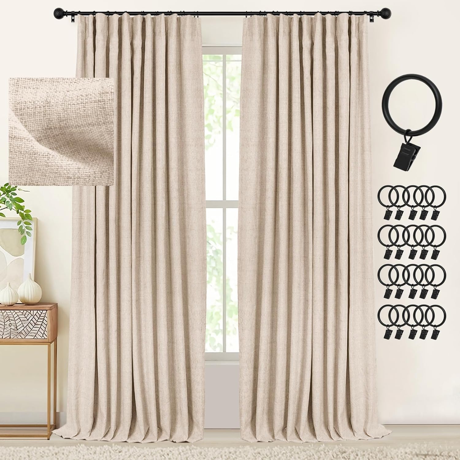INOVADAY 100% Blackout Curtains for Bedroom 92 Inches Long, Clip Rings/Rod Pocket Linen Black Out Cute Curtains 2 Panels Set Thermal Insulated Curtains & Drapes for Living Room -W50 x L92, Oatmeal Oatmeal 50"W x 92"L (Pack of 2)