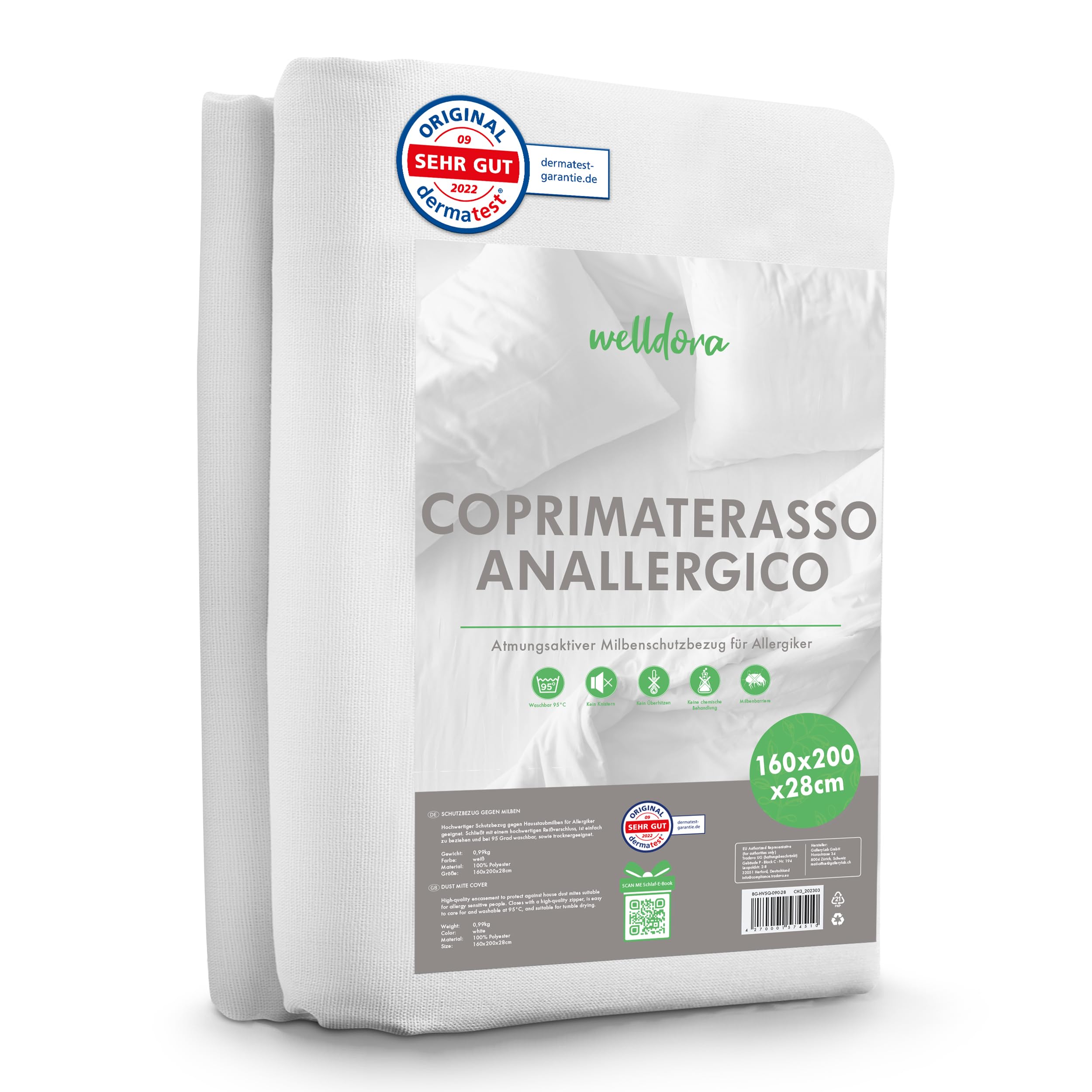 Welldora Coprimaterasso Antiacaro Premium – Copri Materasso Antiacaro Anallergico Testato - Rivestimento con Cerniera - Biancheria da Letto Anallergica (160x200x28cm)