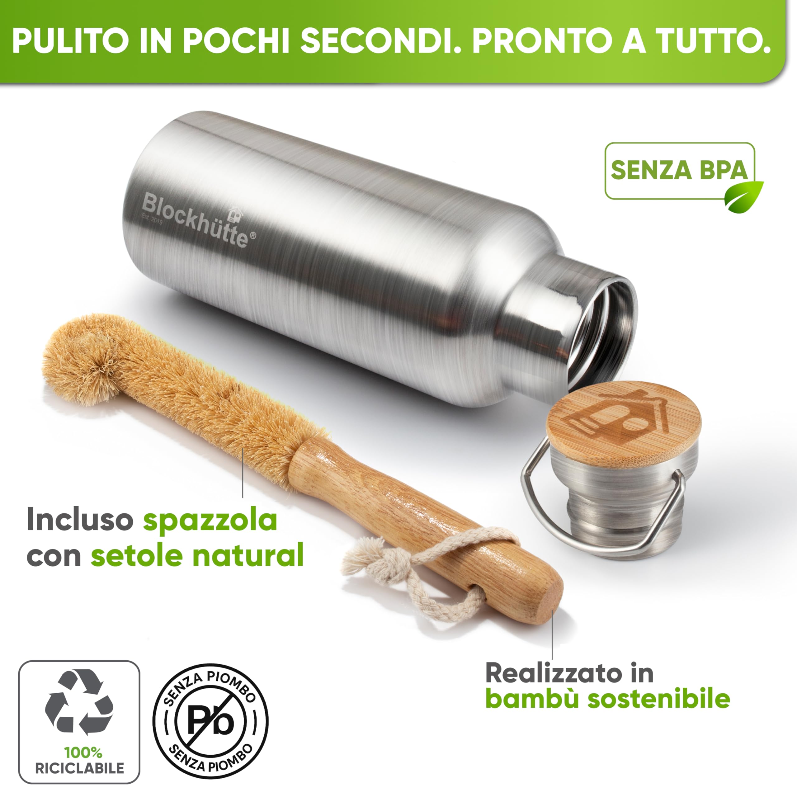 Blockhütte Borraccia Termica Acciaio Inox, Thermos per Bevande Calde fino a 13 ore, Bottiglia Termica a prova di perdite, Borraccia Palestra, Bottiglia Acqua lavabile in lavastoviglie