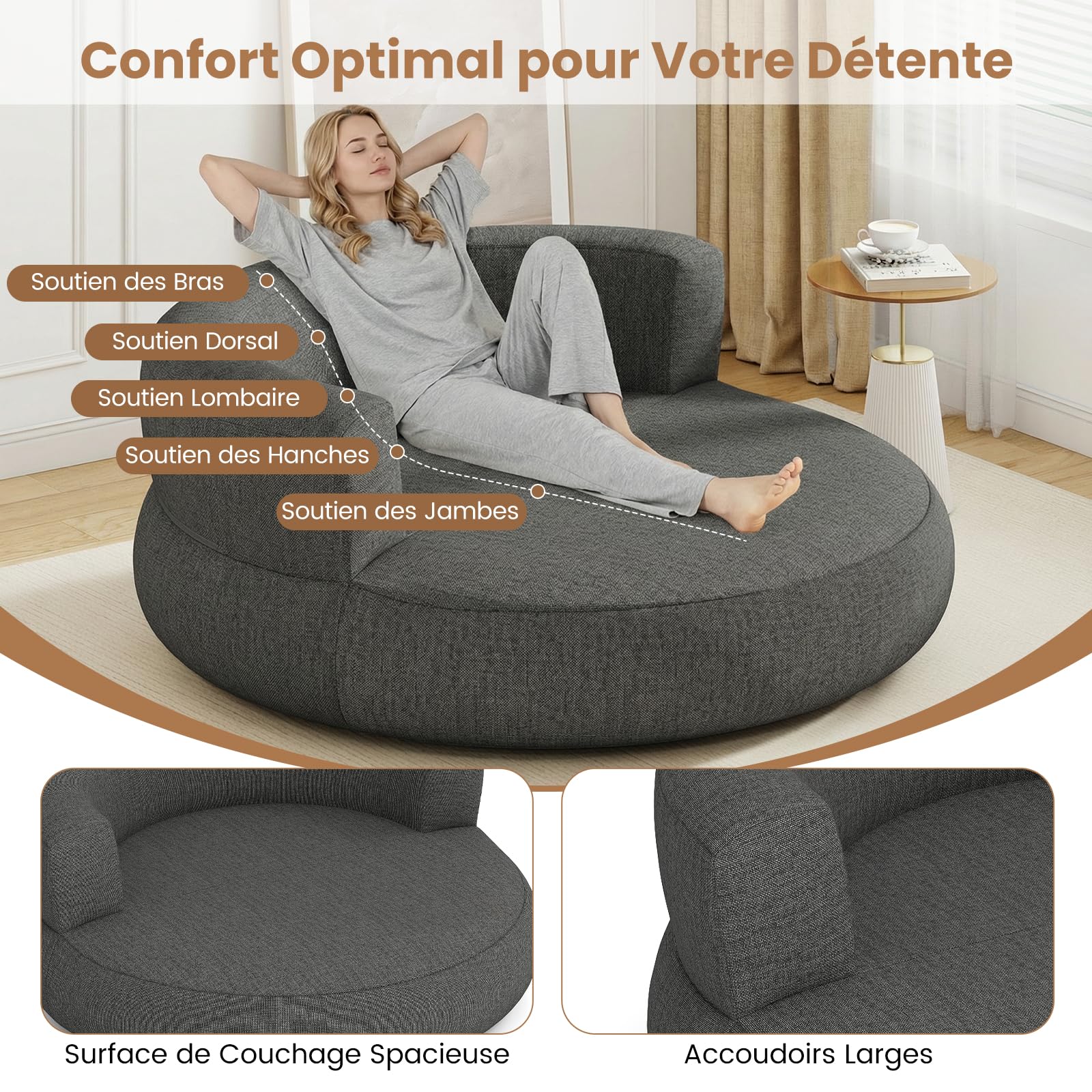 GOPLUS Canapé Gonflable Rond, Canapé -Lit Convertible Pneumatique avec Dossier, avec Housse Amovible & Base Antidérapante, Charge 220KG (160x164x61 CM|Rond,Gris)